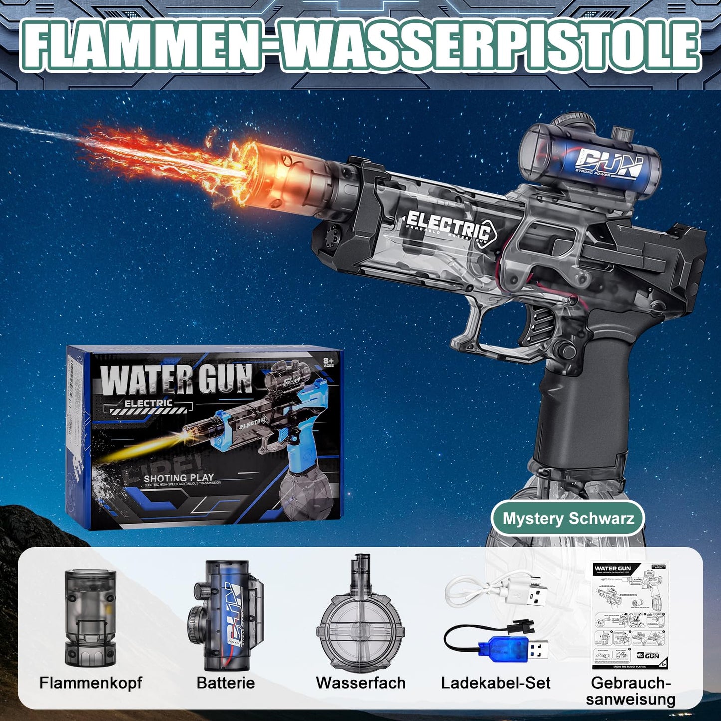 YOOHBERRYS Electric Water Gun, Electric Water Gun Large Capacity 500cc, Rechargeable Water Gun for Kids with Flash Effects, Automatic Water Gun for Pool, Beach, Garden (Grey)