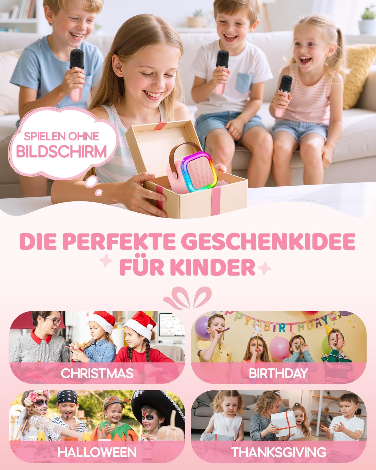 Karaoke machine for kids, gift for girls 3-12 years, karaoke kids toy for girls 3-12 years, karaoke machine with 2 karaoke microphones for kids, pink
