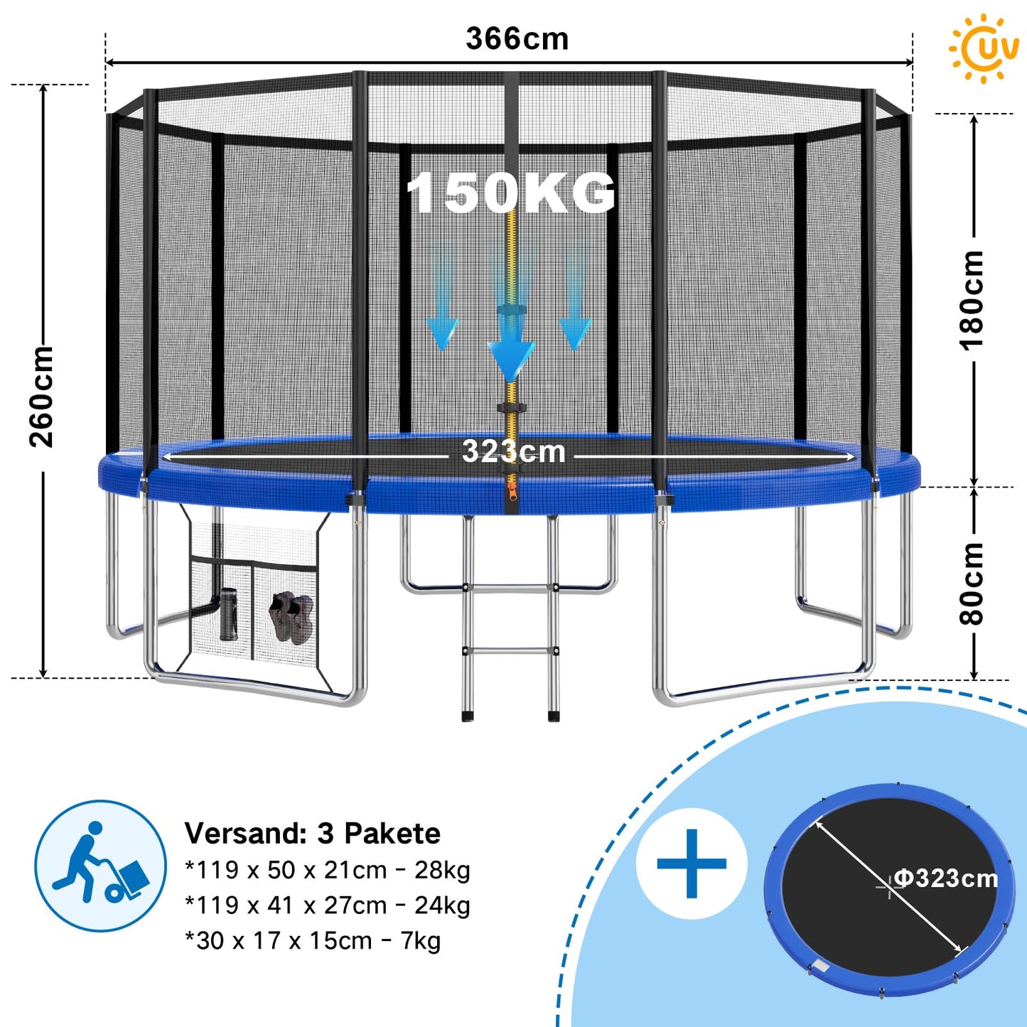 Devoko Trampoline Outdoor Ø 183/228/305/366/427 cm Indoor Trampoline Kids Garden Trampolines, Complete Set with Shoe Net, Ladder, Edge Cover, Safety Net, Weight Capacity 150 kg (Blue)