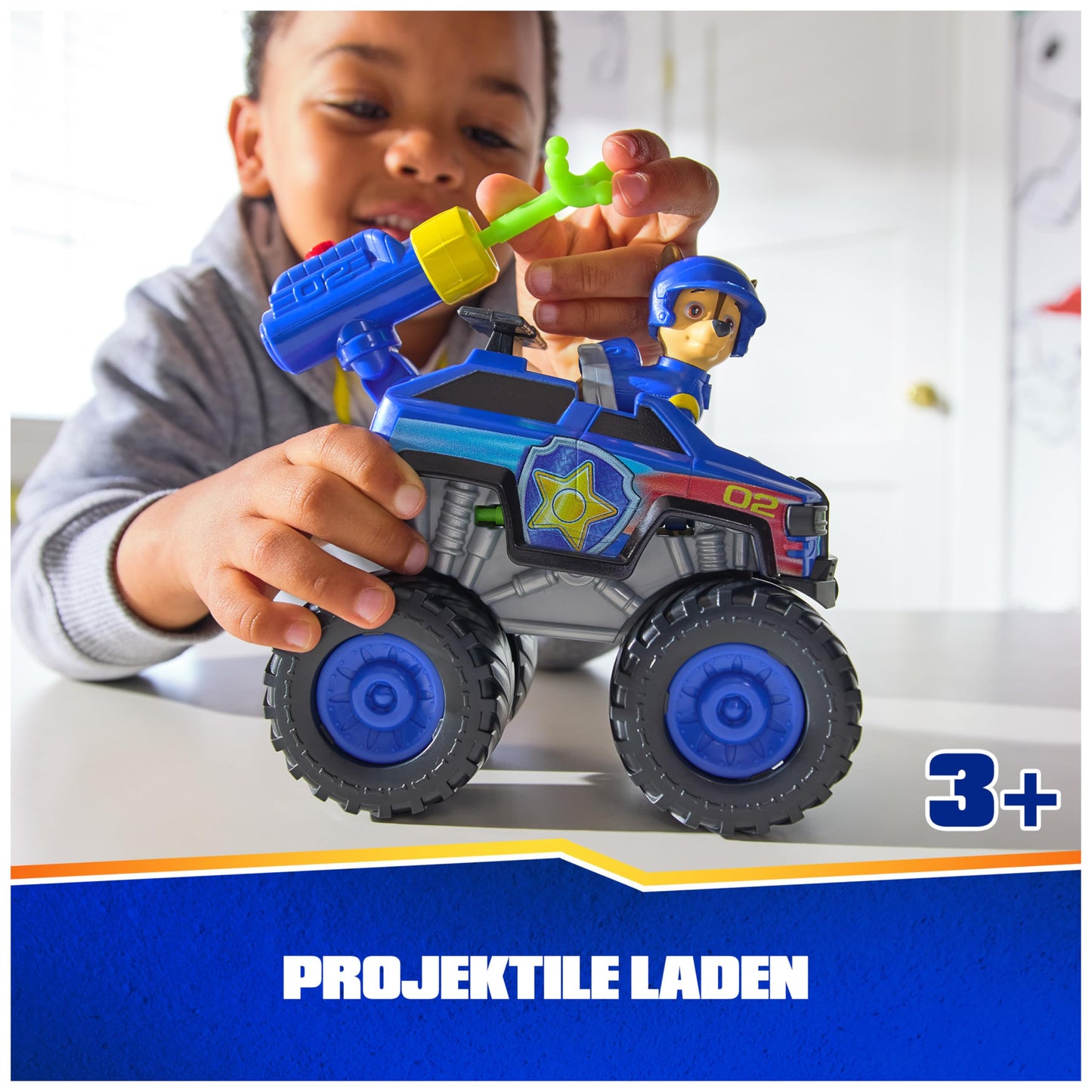 PAW Patrol Rescue Wheels - Chase's monster truck vehicle with projectile launcher and Chase figure, toy for children ages 3 and up.