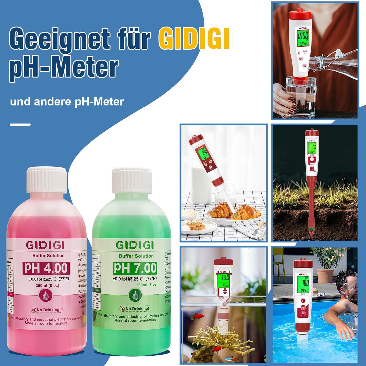 pH meter calibration solution kit, includes pH 4.00, 7.00, and pH electrode storage solution, pH calibration buffer solution 250 ml*2, pH probe storage solution 30 ml*1, pH tester accessories.
