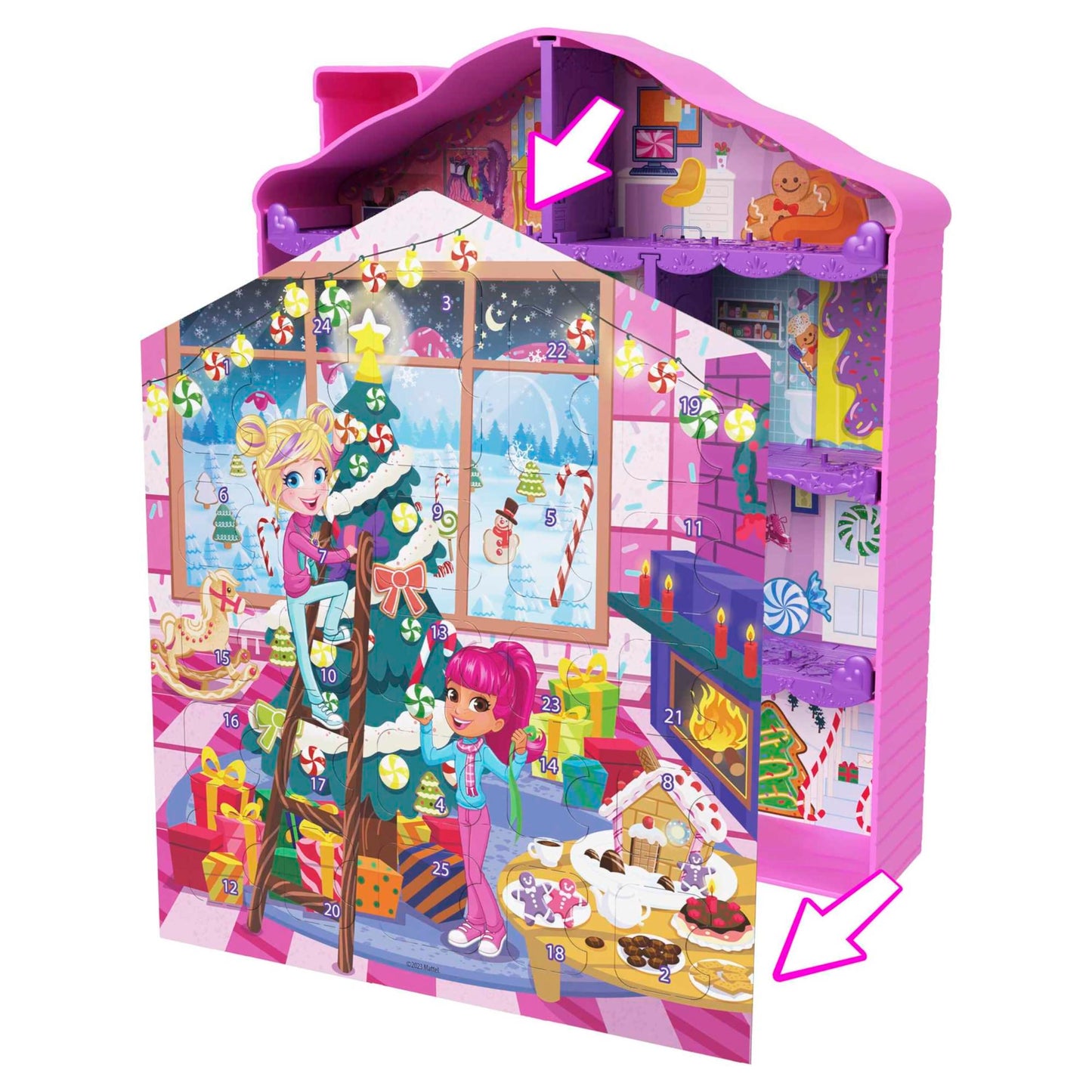 POLLY POCKET Advent Calendar House - 25 surprises, 2 dolls, 27 accessories, gingerbread house design, Christmas tree, skis, for kids ages 4 and up, HKW16
