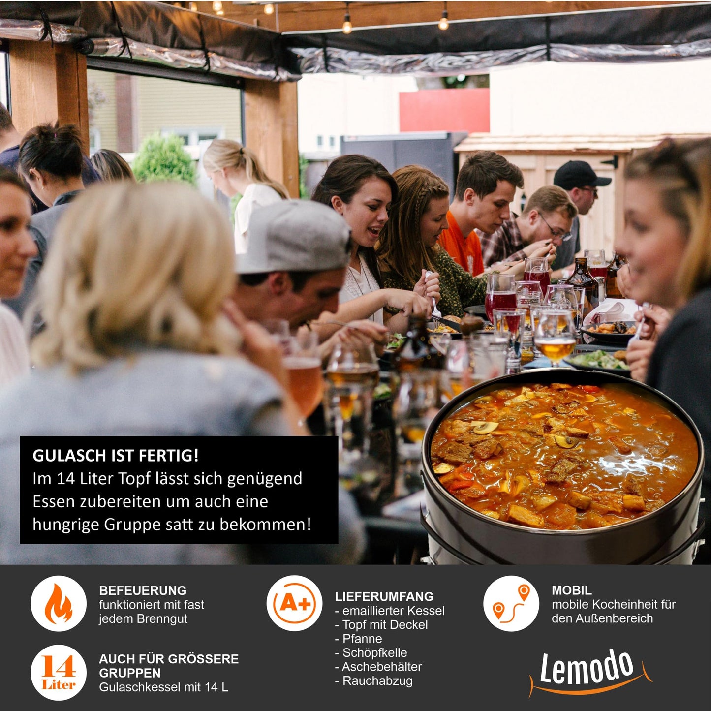 NATIVE Goulash cannon | Goulash kettle with 14 L | One-pot stove for cooking without electricity and gas | Rocket stove for crisis preparedness | Wood stove with extensive cooking accessories