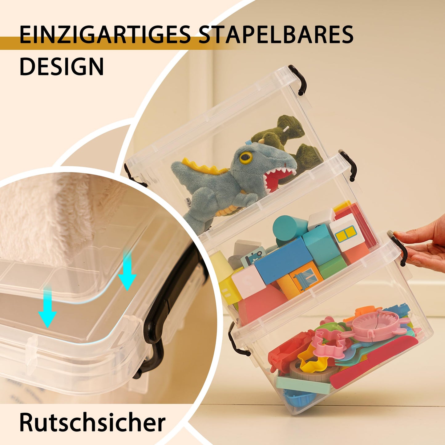 Citylife 6-piece set of 4L storage boxes with lids, small and stackable. Transparent with handle clips for small items. Elastic and durable plastic boxes for crafting supplies, measuring 21.5 x 11 x 15.2 cm.