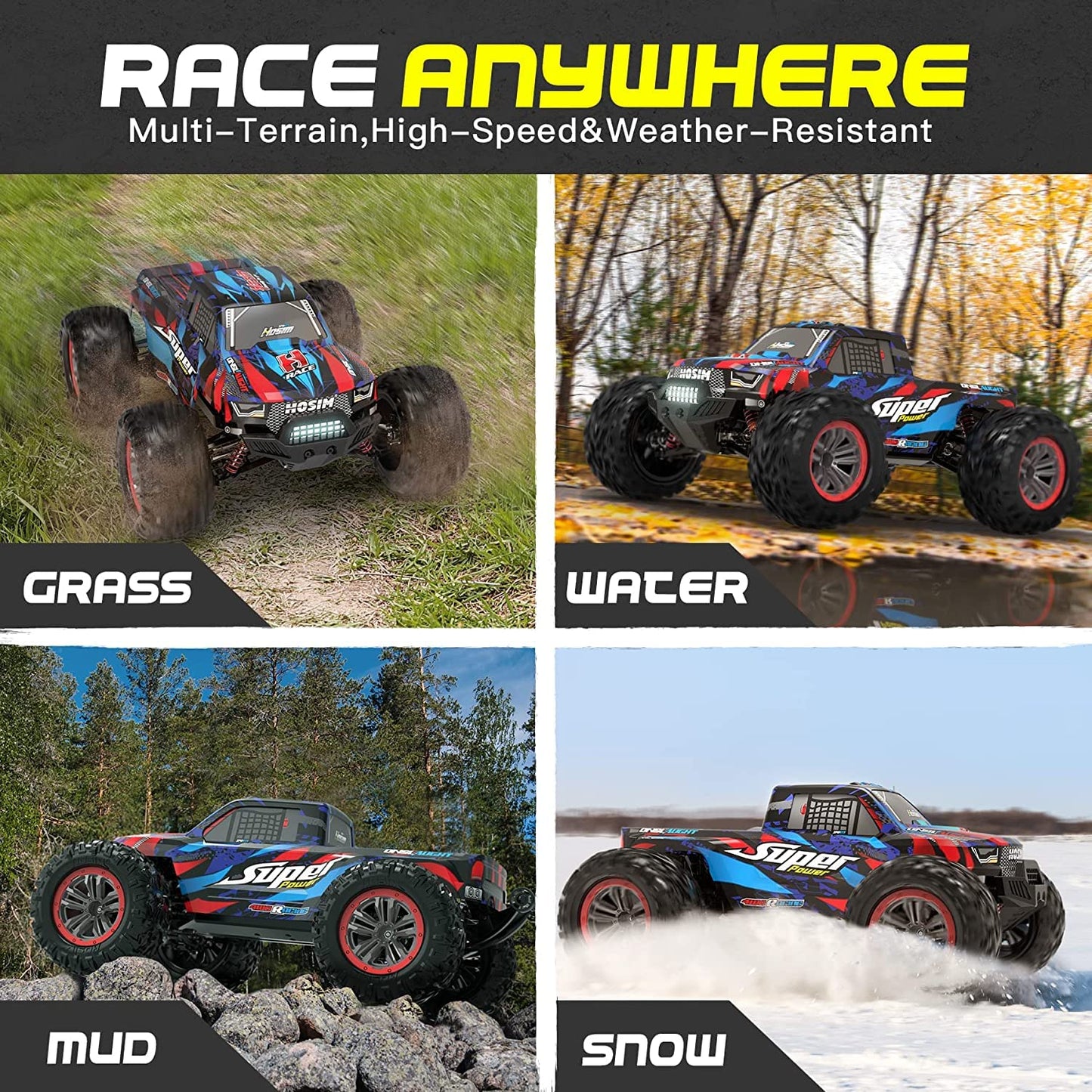 Hosim RC Car, 1:10 Brushless Remote Control Car 68+ km/h, RC Drift Car 4WD with 2 Batteries, Offroad Electronic Toy for Kids and Adults (X08)