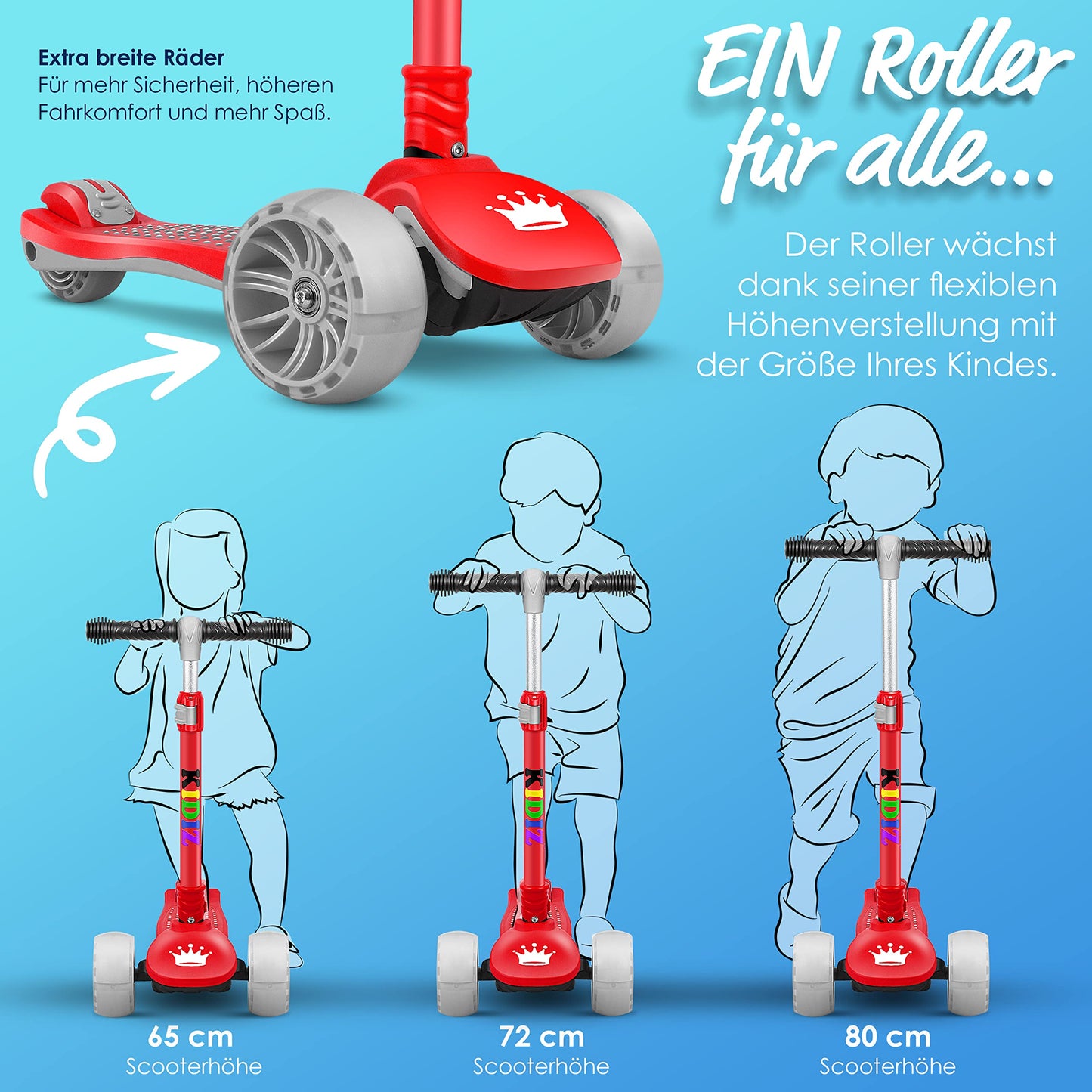 KIDIZ® Roller Children Scooter X-Pro2 Trike Scooter with PU LED Light-Up Wheels Kids Scooter foldable Kick Scooter adjustable City Scooter Children's Scooter for Boys Girls 3-12 Years, Red