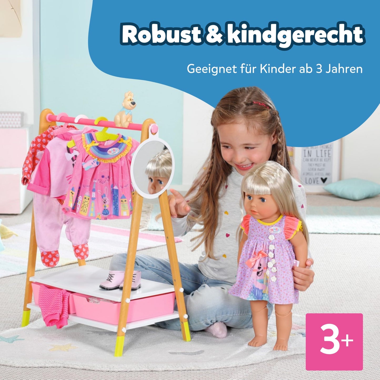 Zapf Creation 830000 BABY born Clothes Stand - Doll Clothes Rack with Wood-look and Accessories, Multicolored