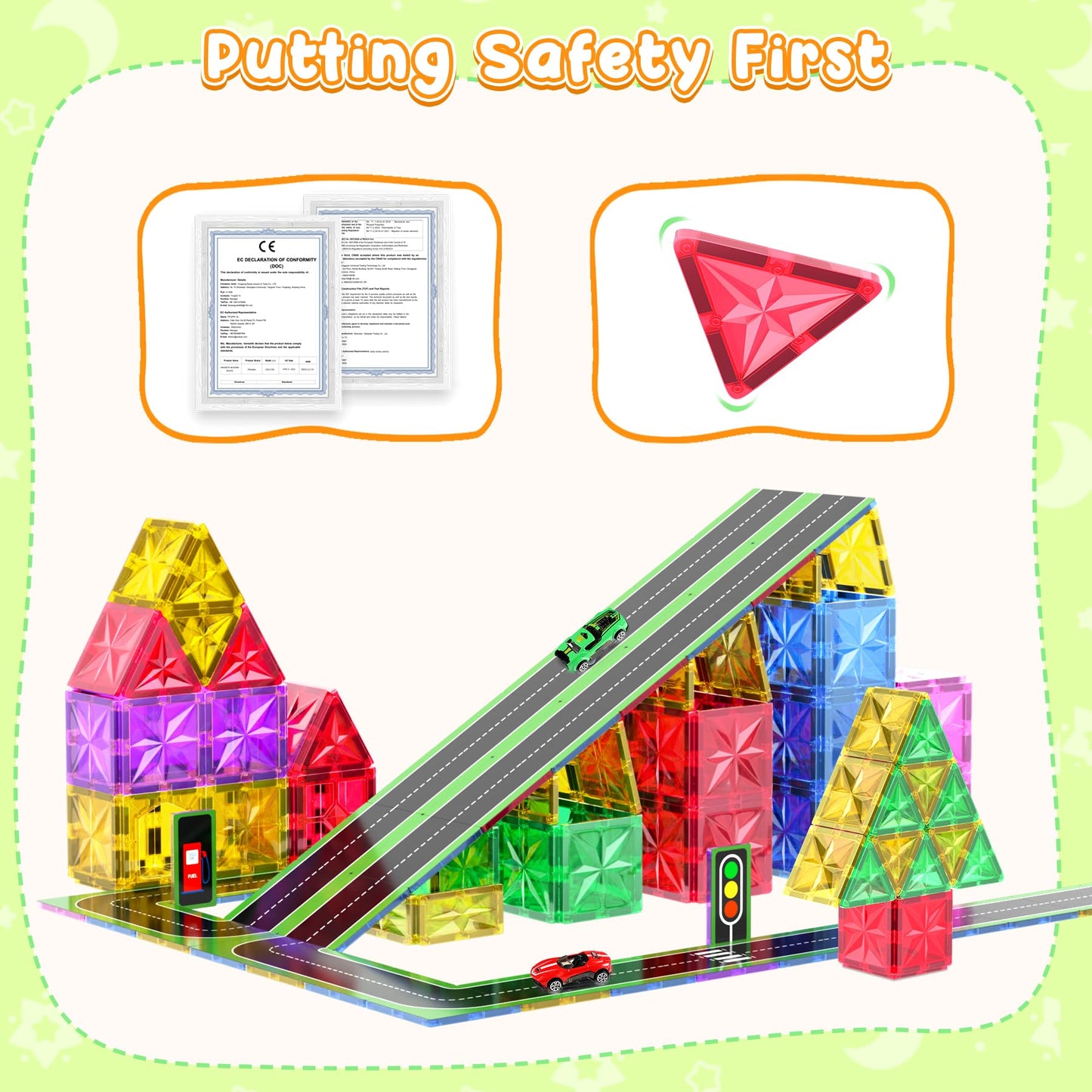 Perbabe Magnetic Building Blocks, 72 Piece Magnets Kids Stronger Magnetic Building Blocks, Magnetic Tiles City Streets Set with 2 Cars Magnetic Game for 3 4 5 6 7 8 Years Preschool Learning