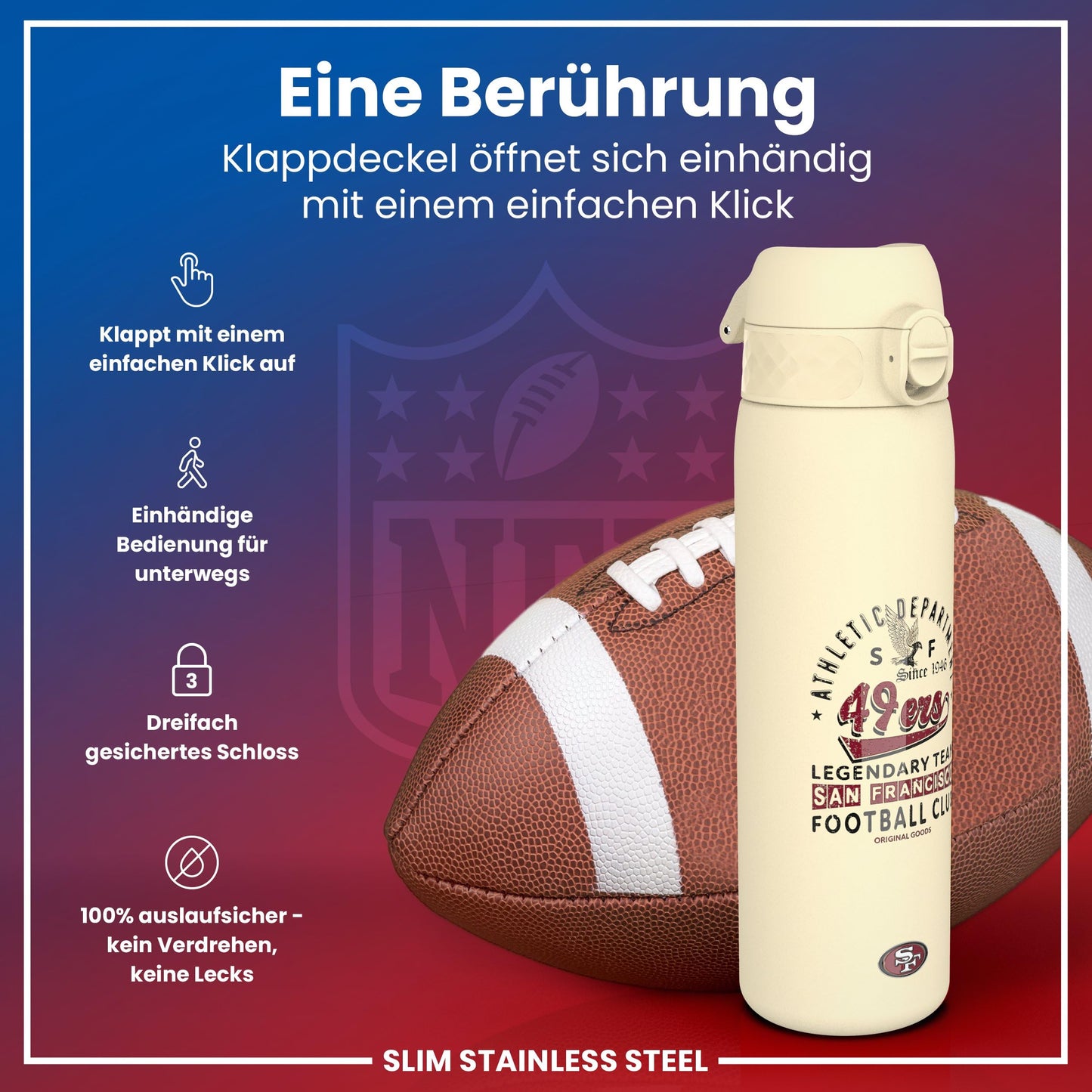 ion8 NFL E 49ers Lightweight Stainless Steel Water Bottle, 600ml/20oz, non-insulated, leakproof, easy to open, secure seal, dishwasher safe, flip lid, fits in cup holders.