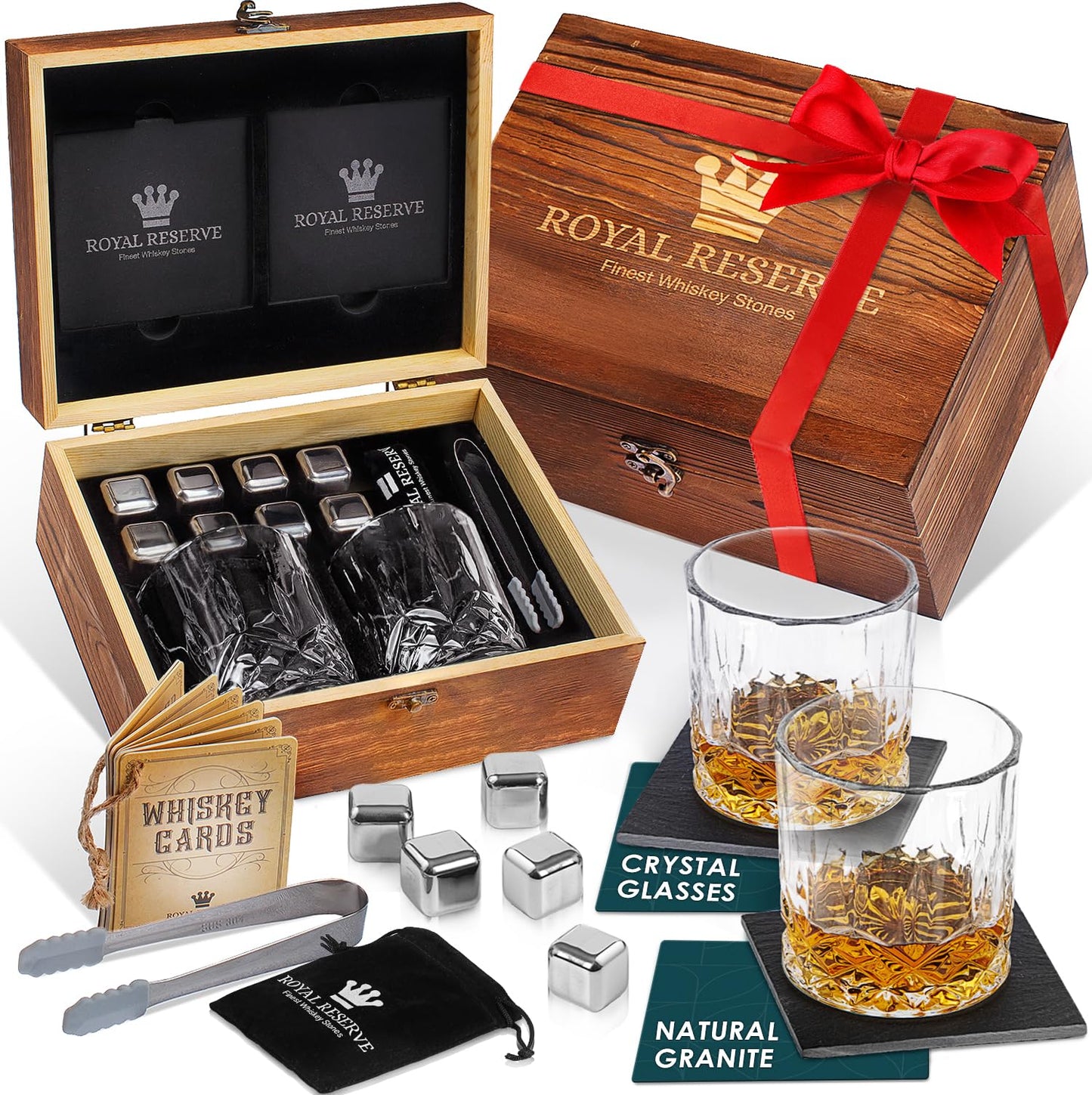Whiskey gift set: Whiskey glasses, stones, tongs, coasters, wooden box, velvet bag, history and recipe cards - accessory set, gift for men, husband, friend, by Royal Reserve.