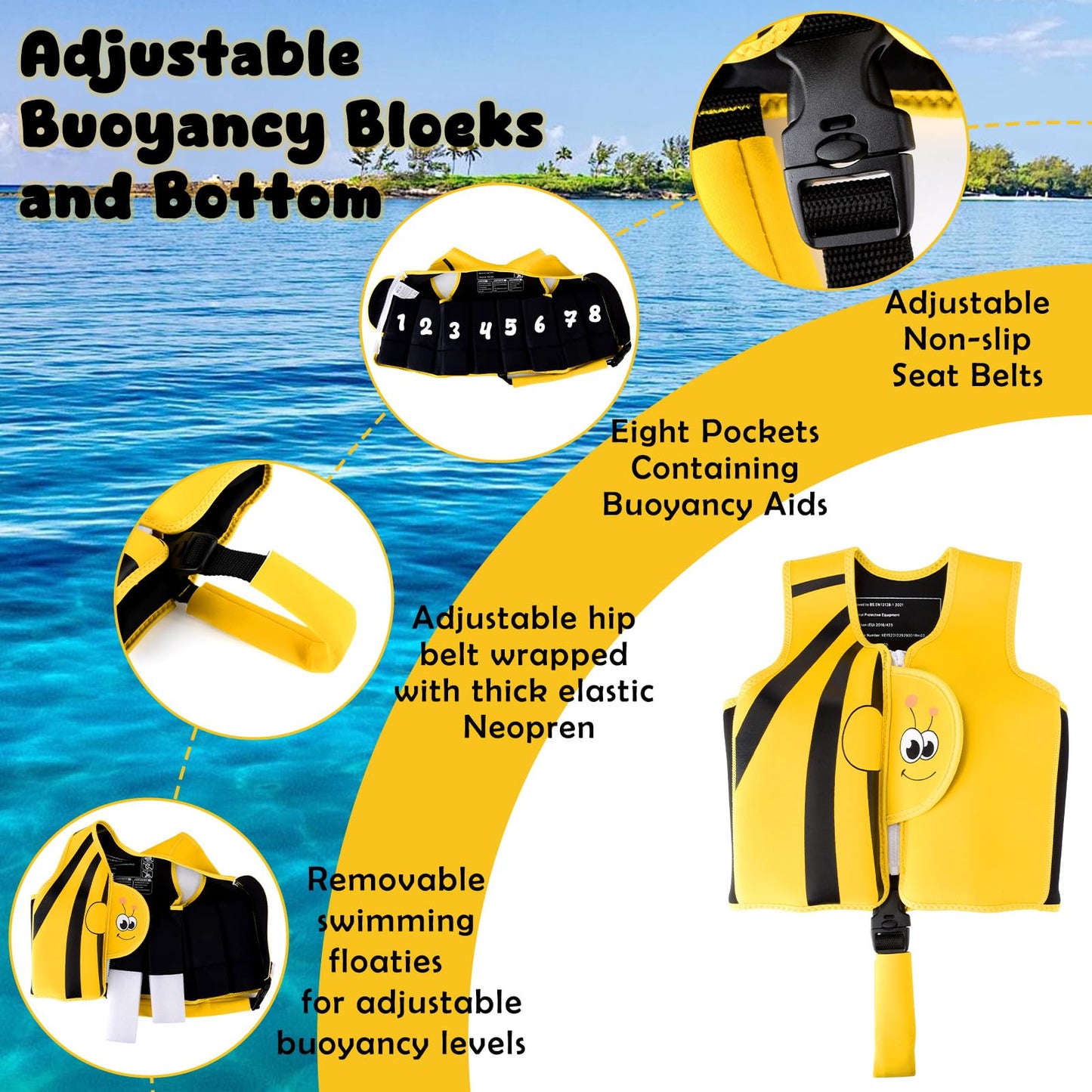 Fuqiduo Kids Neoprene & EPE Swim Vest, with Adjustable Crotch Strap for Girls/Boys Water Sports.
