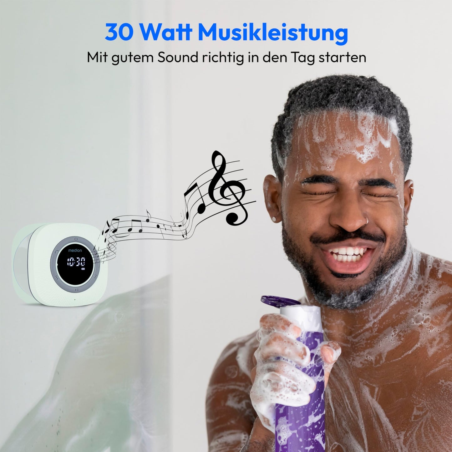 MEDION S66884 shower radio with Bluetooth (bathroom radio, FM radio, suction cup, LED display, IPX6 waterproof, built-in battery, MD43884) green