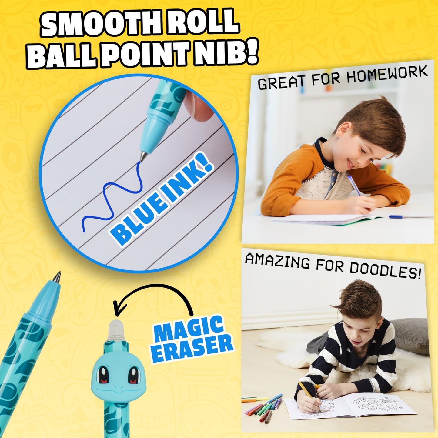 Pokemon Erasable Ballpoint Pen Kids 4-Pack Set Blue Ink Pikachu Rollerball with Eraser School Gifts for Boys and Girls