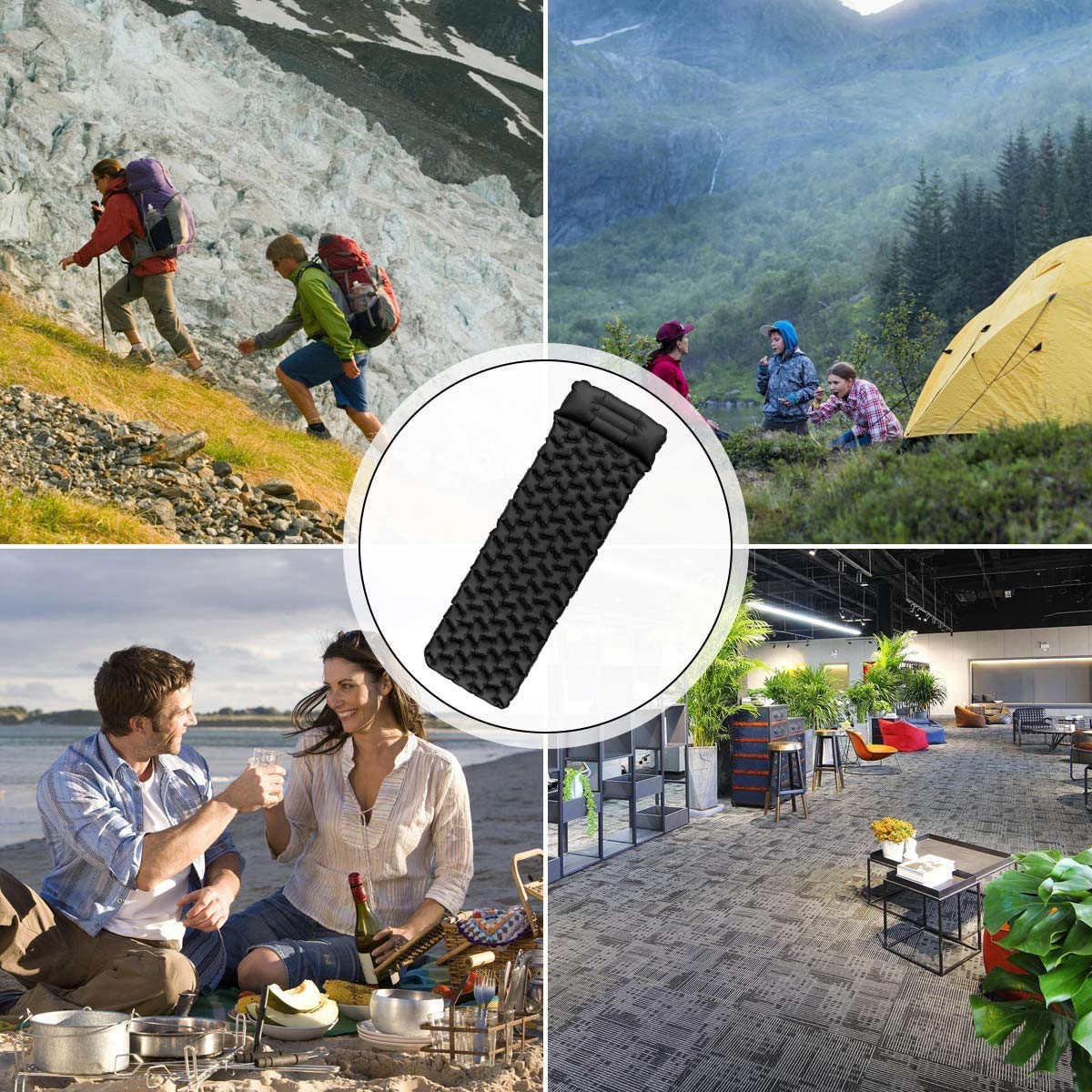 Sundom sleeping pad for camping, ultralight inflatable sleeping pad with pillow, waterproof and moisture-resistant camping air mattress, for camping hiking traveling backpacking black