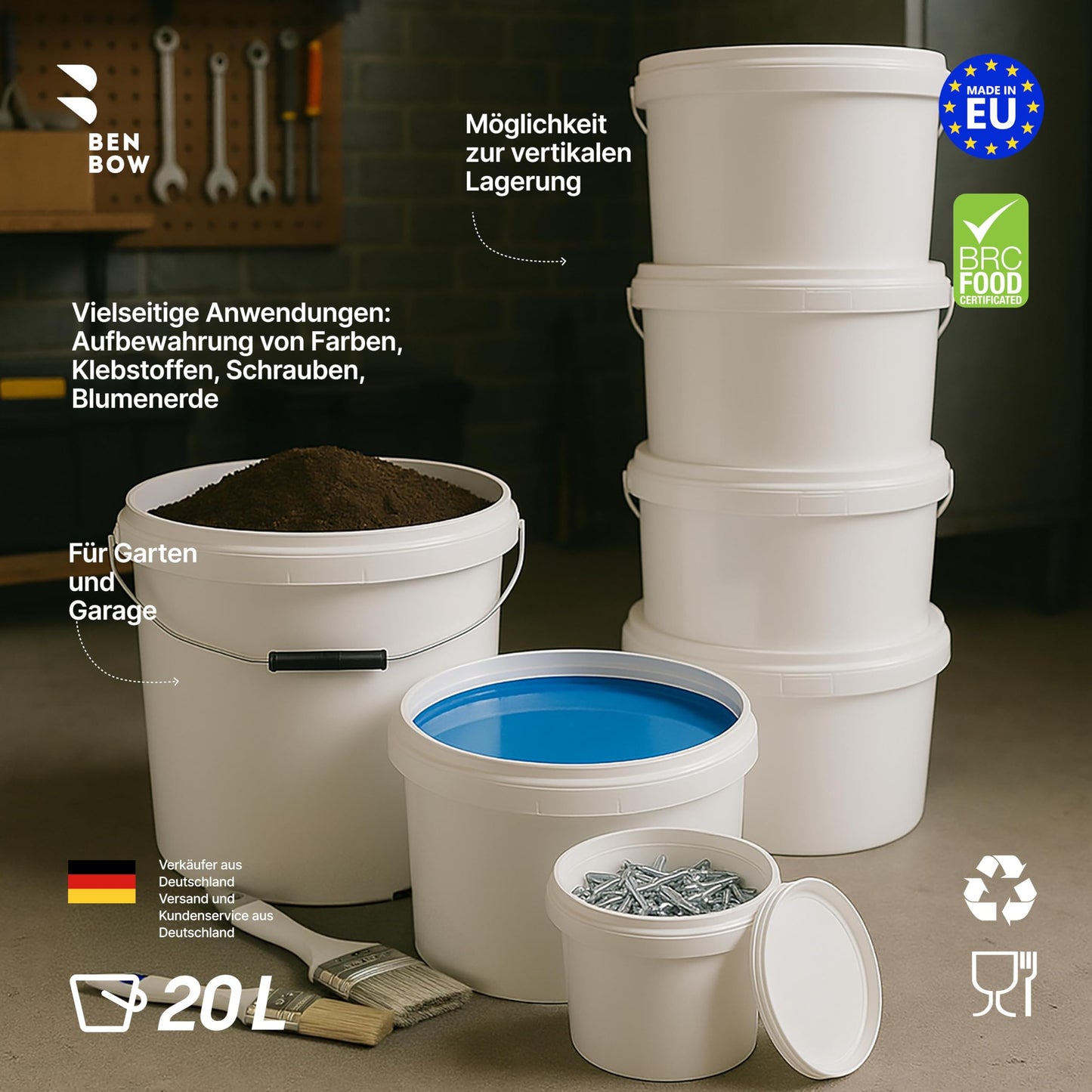 BenBow Bucket with Lid 20L White 5X 20 liters - food-safe, sturdy, airtight, leak-proof - plastic storage container with metal handle - empty