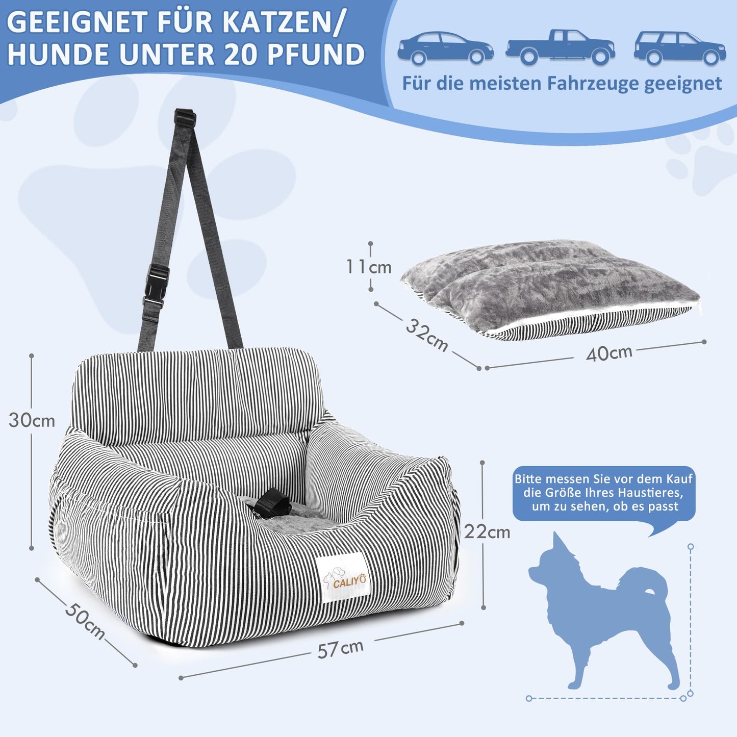 CALIYO dog car seat with sturdy base & safety belt | dog car seat for small up to 10 kg | memory foam seat cushion | waterproof, washable dog basket with storage bag (black/white)