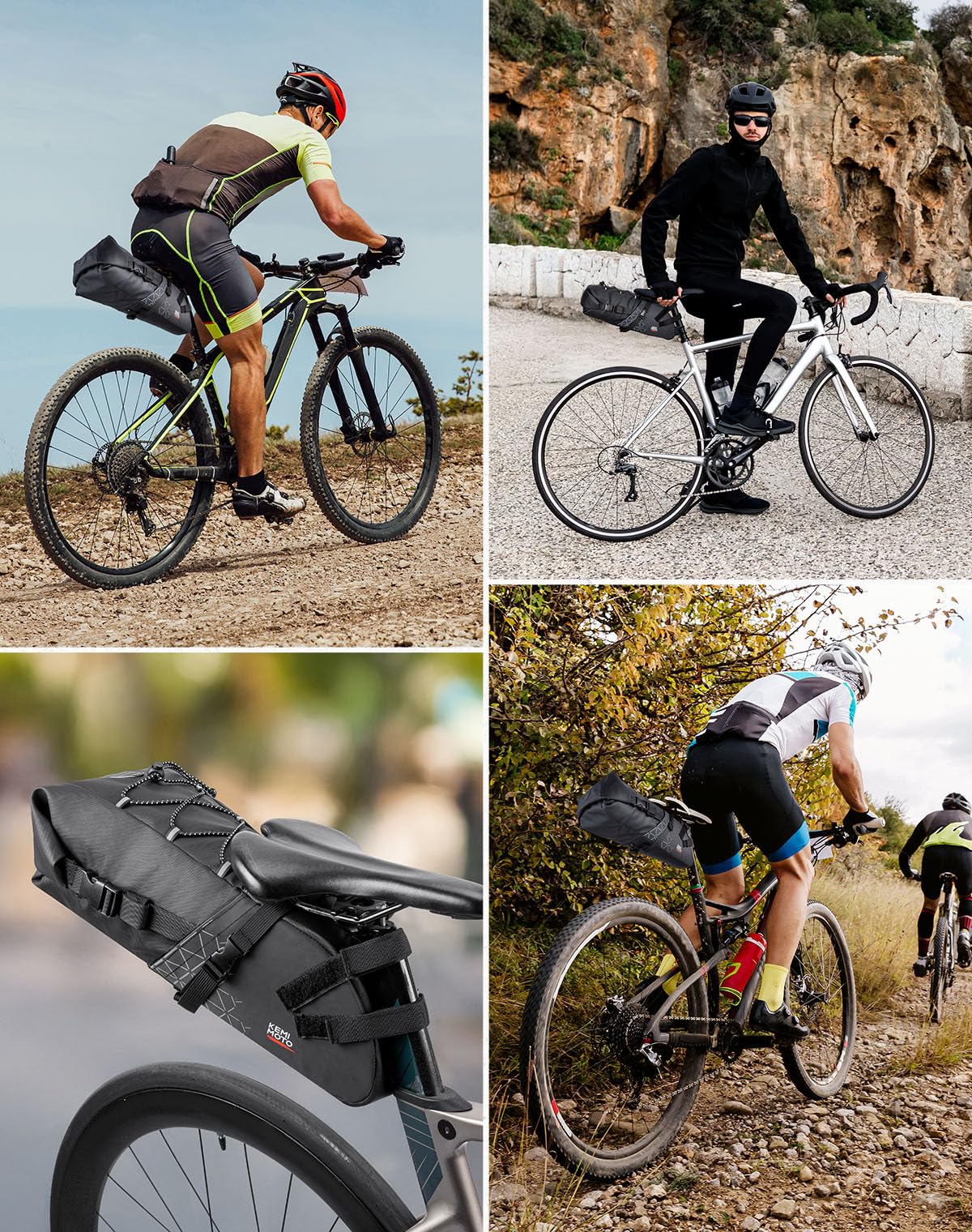 KEMIMOTO Bike Saddle Bag 11L, 100% waterproof bicycle seat bag for road bike, E-bike, and mountain bike, with attachment straps for mounting.