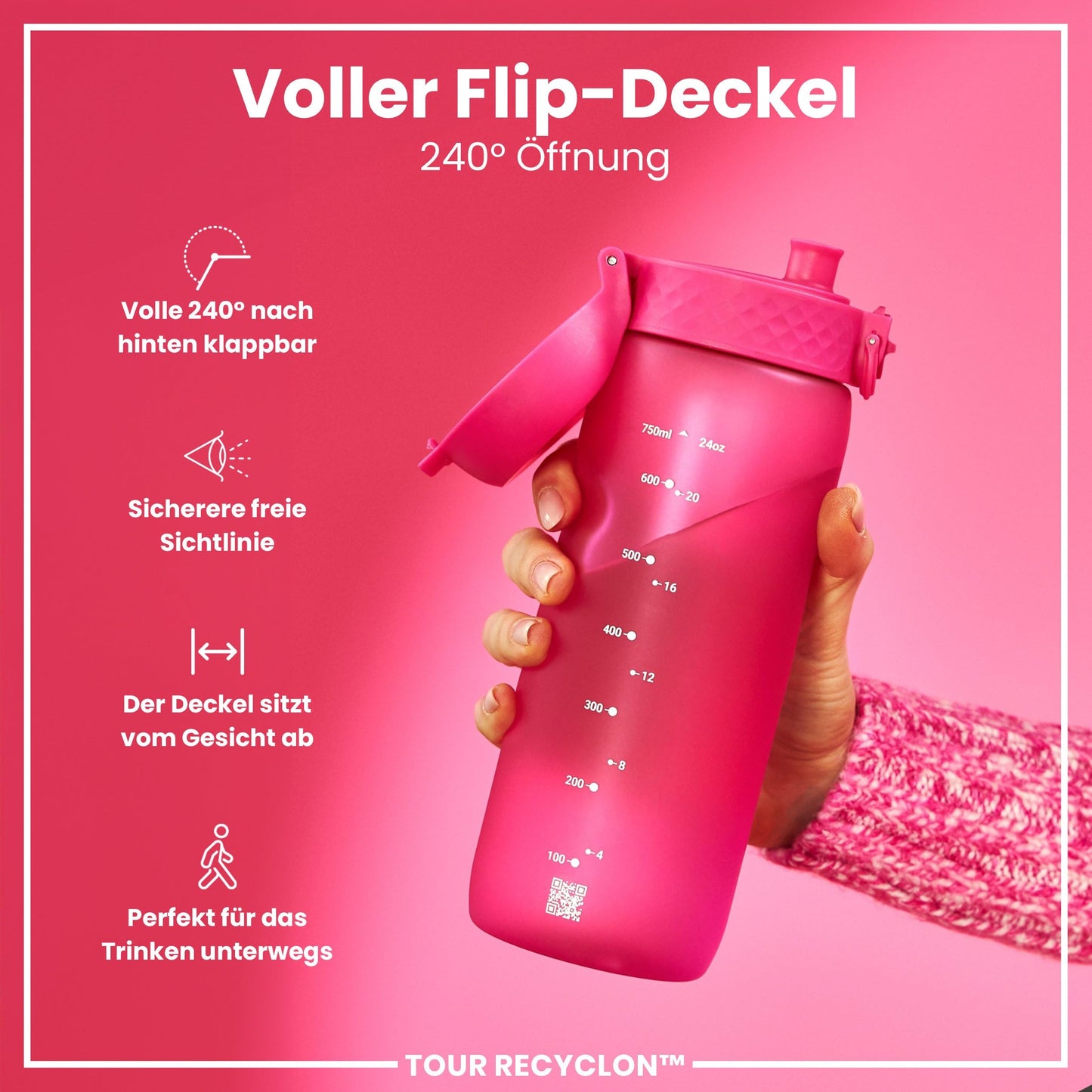 ion8 water bottle, 750ml, leak-proof, one-handed opening, secure lock, dishwasher safe, BPA-free, carry handle, flip lid, ergonomic grip, easy to clean, climate neutral, pink