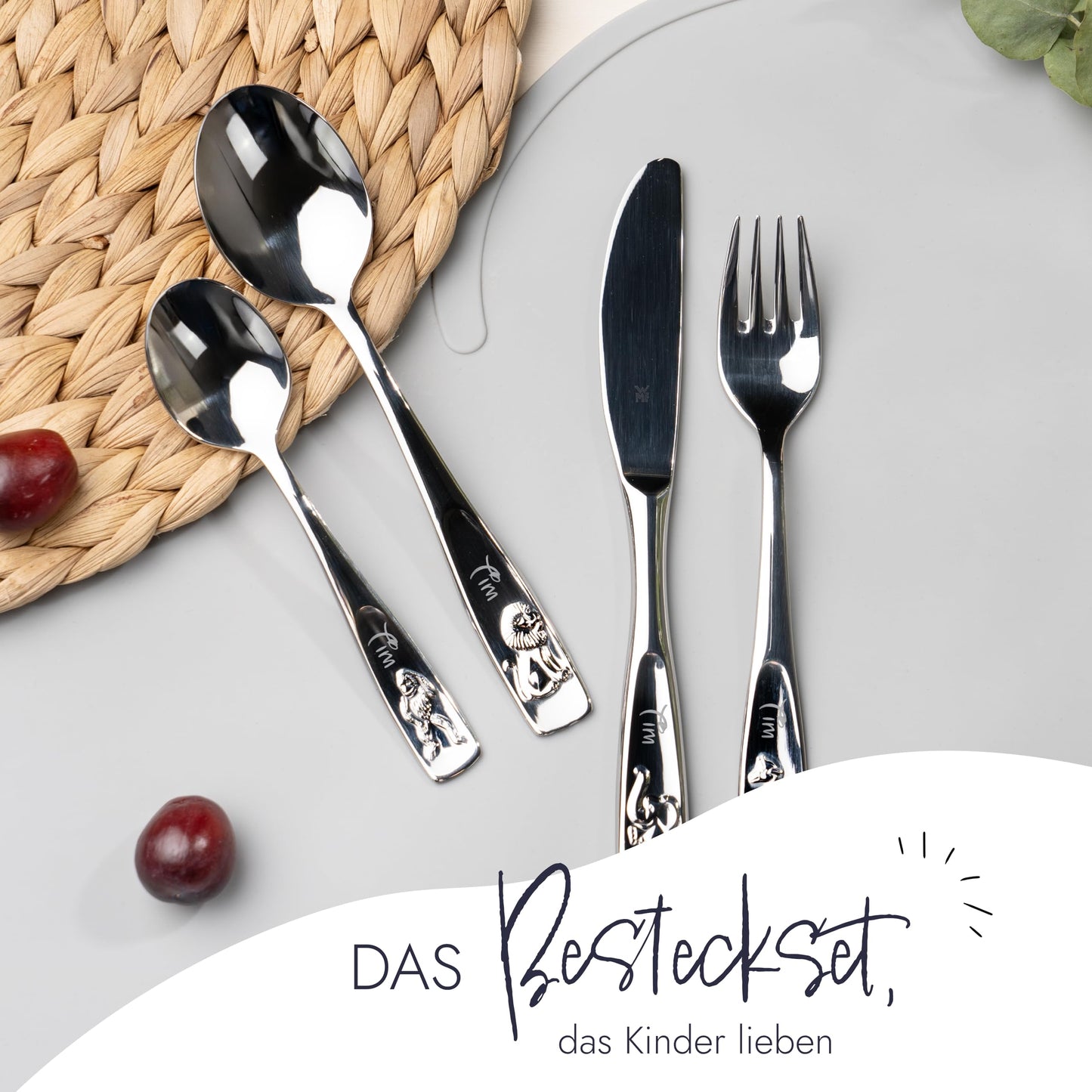 WMF children's cutlery with name engraving, stainless steel, 4-piece, dishwasher safe - gift for christening, christening gifts for girls and boys, children's cutlery with engraving.