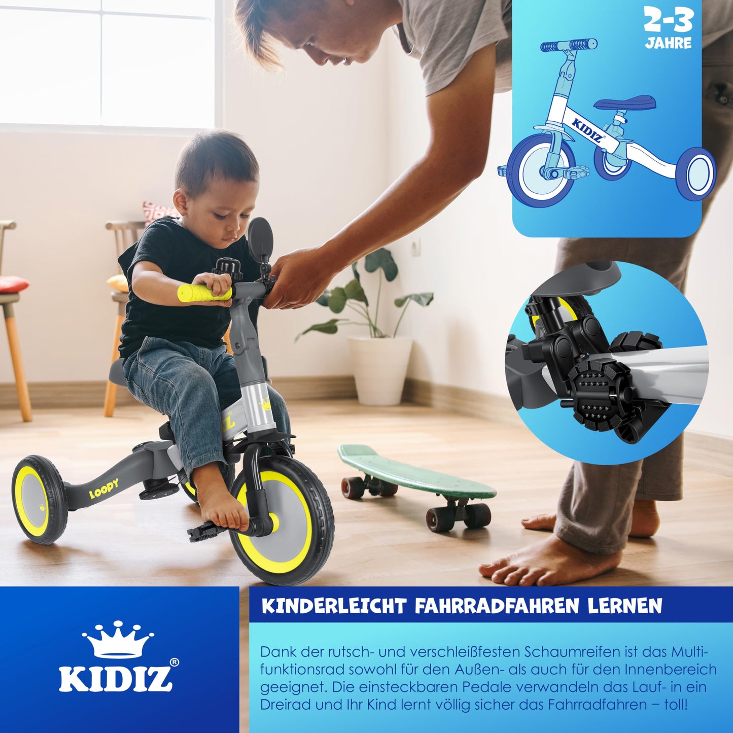 KIDIZ® 6in1 Balance Bike Tricycle | Suitable for children from 1 to 5 years | Supports up to 25kg | Includes handlebar, safety bar, seatbelt, bell, and mirror | Grey color
