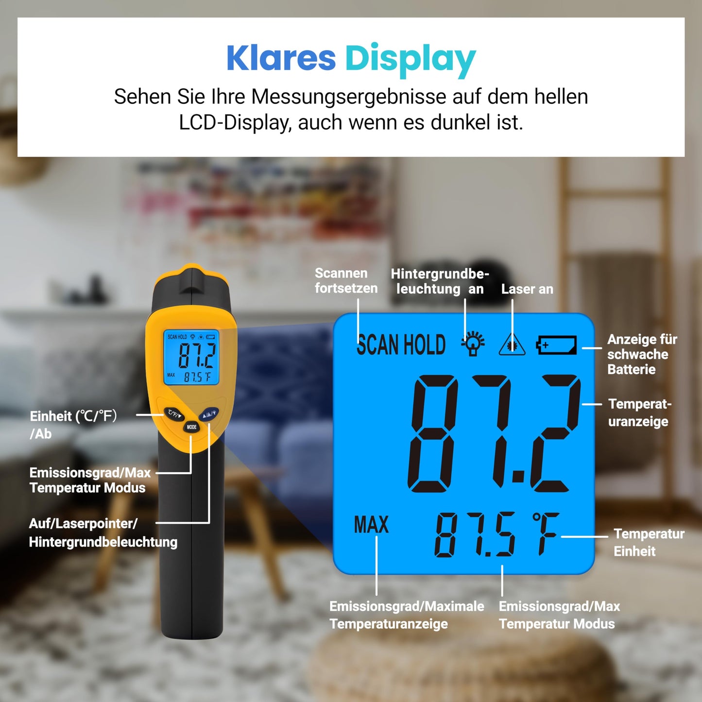 Etekcity Infrared Thermometer, Temperature Gauge -50°C to +450°C - Digital Laser Infrared Thermometer for Kitchen, Pizza Oven, Grill, Baking - Not for humans - Yellow/Black