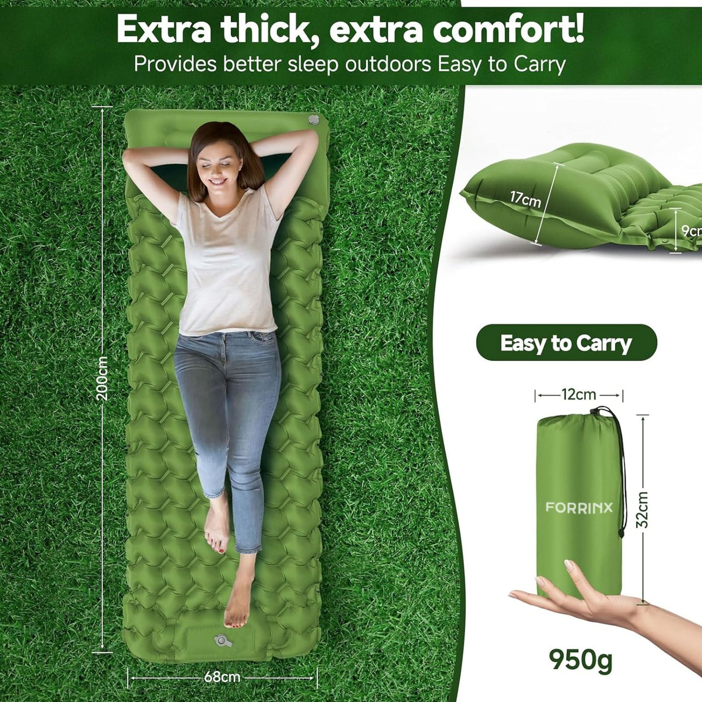Self-inflating sleeping pad camping air mattress 200 * 68CM Ultra-light camping mat with pillow Portable air cell mat Waterproof sleeping mat for outdoor, hiking, tent, beach