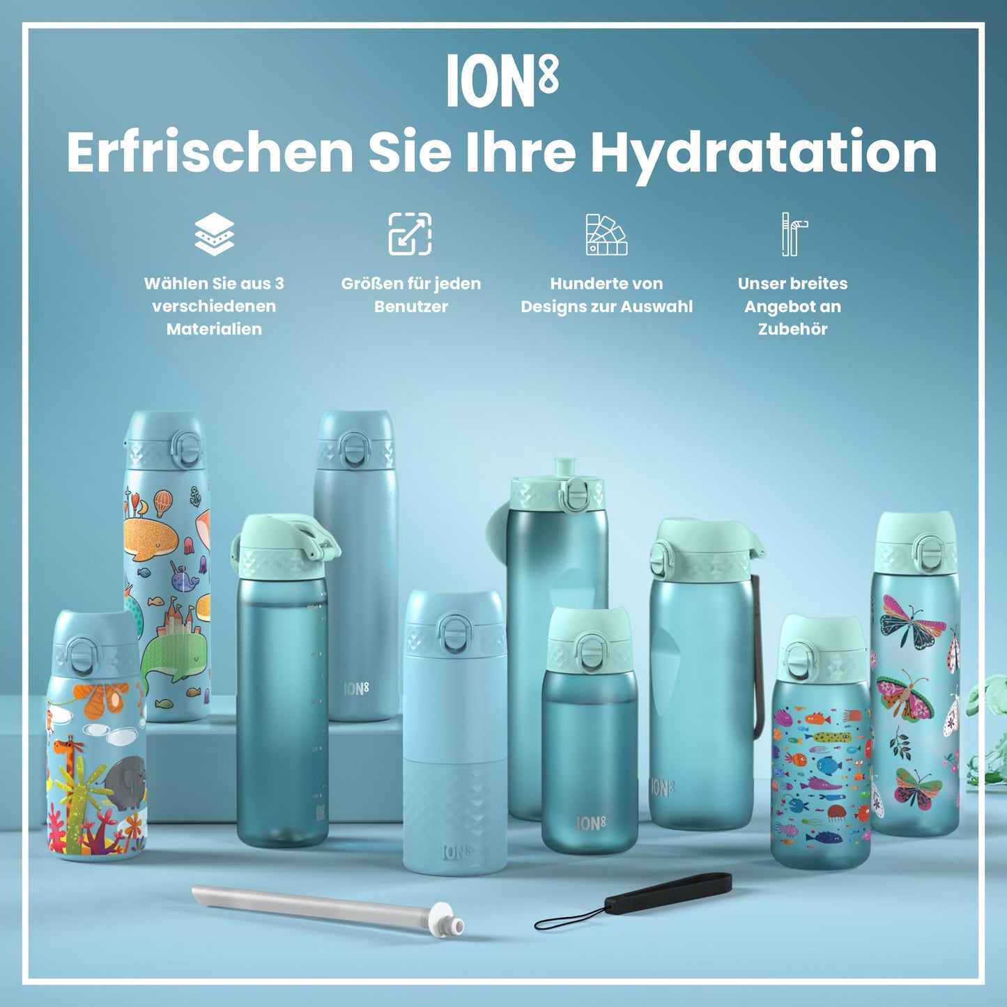 ion8 Kids Water Bottle, Stainless Steel Light 400ml, Not Insulated, Leak Proof, One-Hand Opening, Secure Locking, Dishwasher Safe, Foldable Lid, Handle, Easy to Clean, Alaska Blue