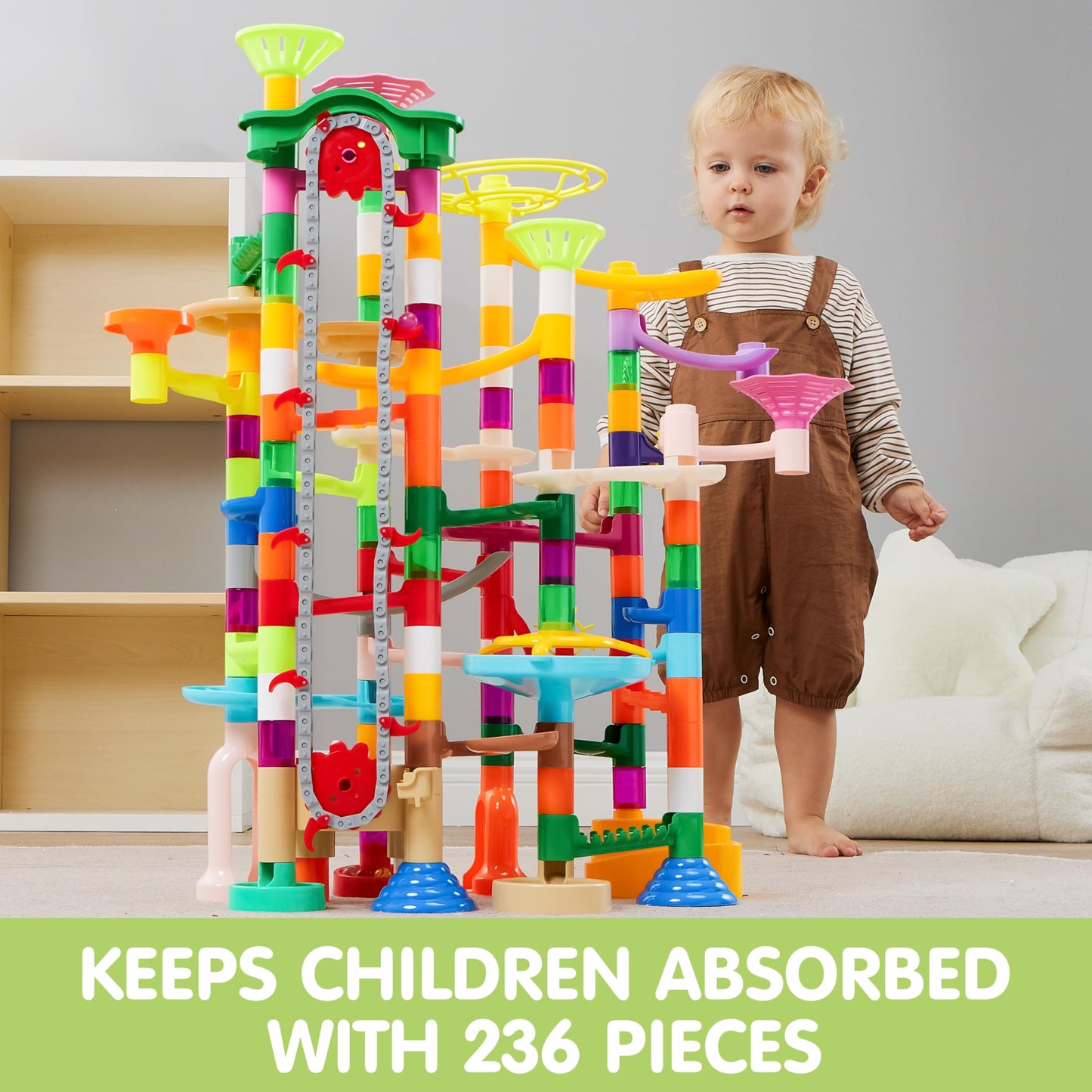JOYIN Marble Run 236-Piece Ball Track Learning Toy Building Blocks Toy with Motorized Elevator, STEM Building and Learning Toy for Kids aged 7, 8, 9, 10, 11, 12 years.