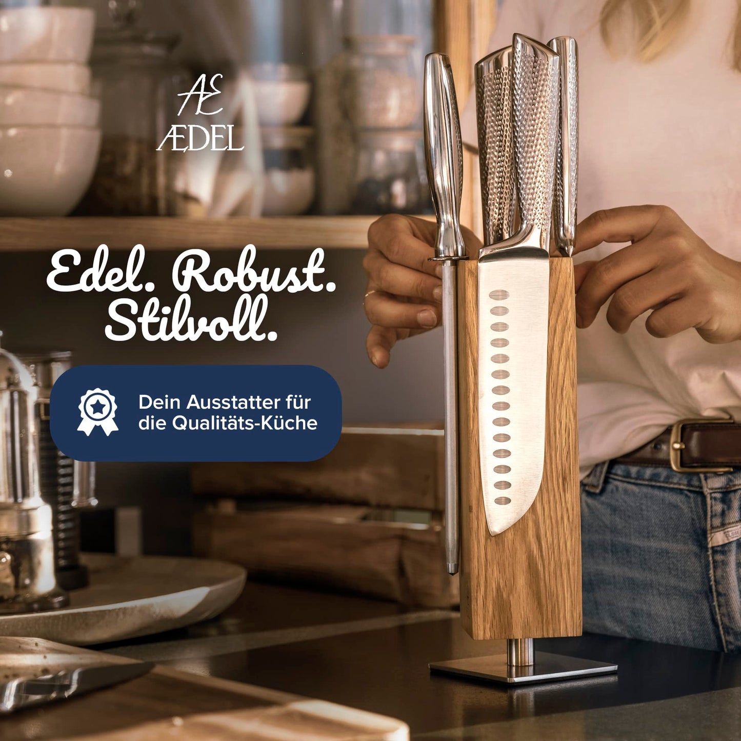 AEDEL Design Premium Magnetic Knife Block Rotating 360 Degrees - Magnetic Knife Holder made of exquisite oak wood - Universal Magnetic Knife Holder Unfilled Wood
