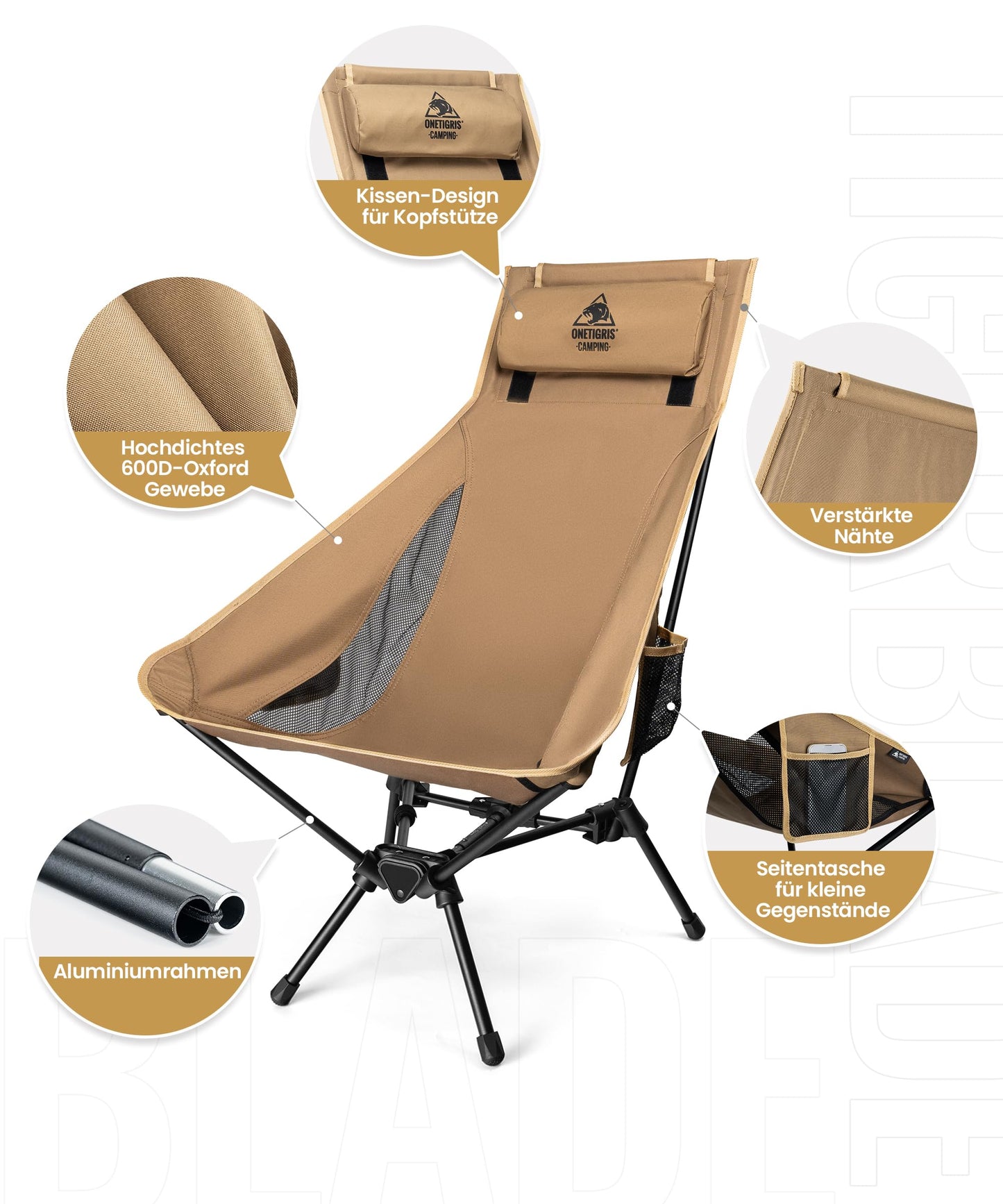 OneTigris TIGERBLADE camping chair high backrest foldable 170kg, folding camping chair light triangular frame, folding fishing chair with 2 side pockets, ultralight folding chair for outdoor, hiking (coyote brown)