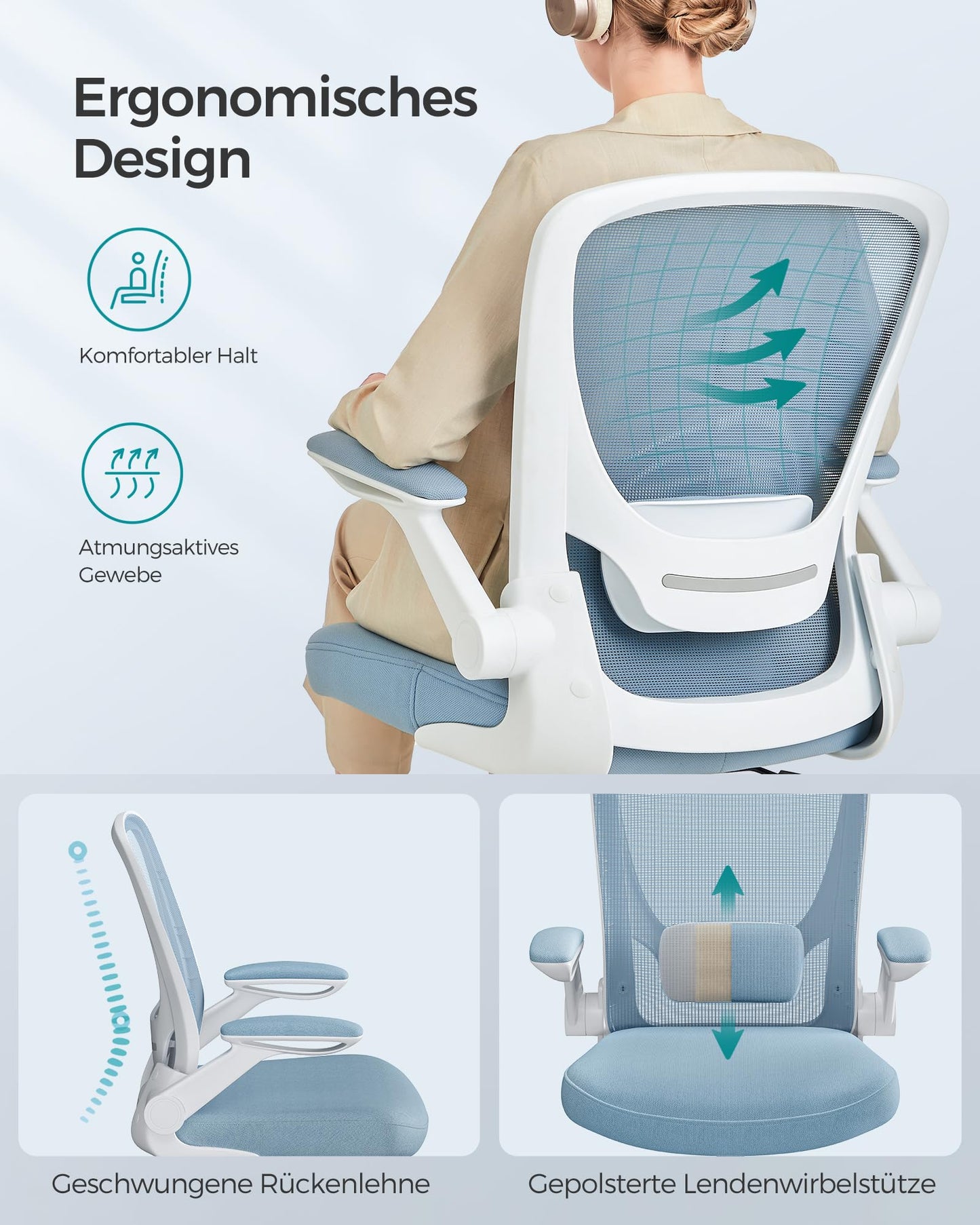 SONGMICS ergonomic office chair with mesh, lumbar support, rocking function, 53 cm wide seat, foldable armrests, for work and bedroom, students, misty blue OBN037Q01