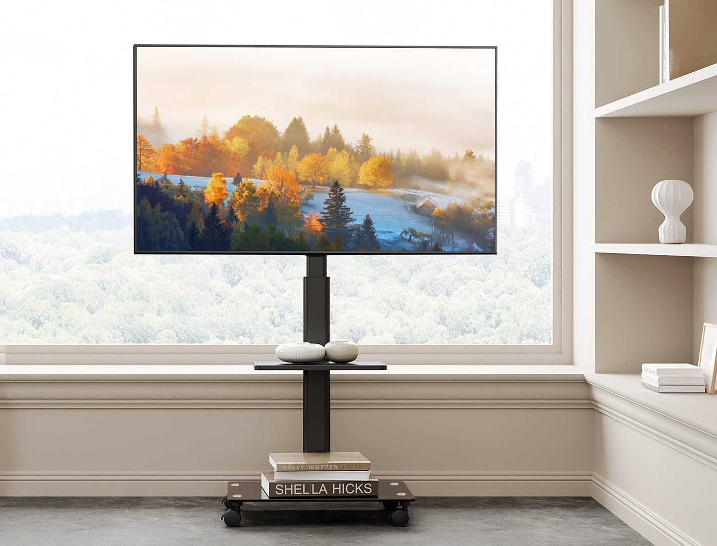FITUEYES TV Stand Rolling TV Cart 2 Shelves Base TV Stand with Shelf adjustable height swivel for 32 to 60 Inch Flat & Curved TVs up to 30kg Max.VESA 600 * 400