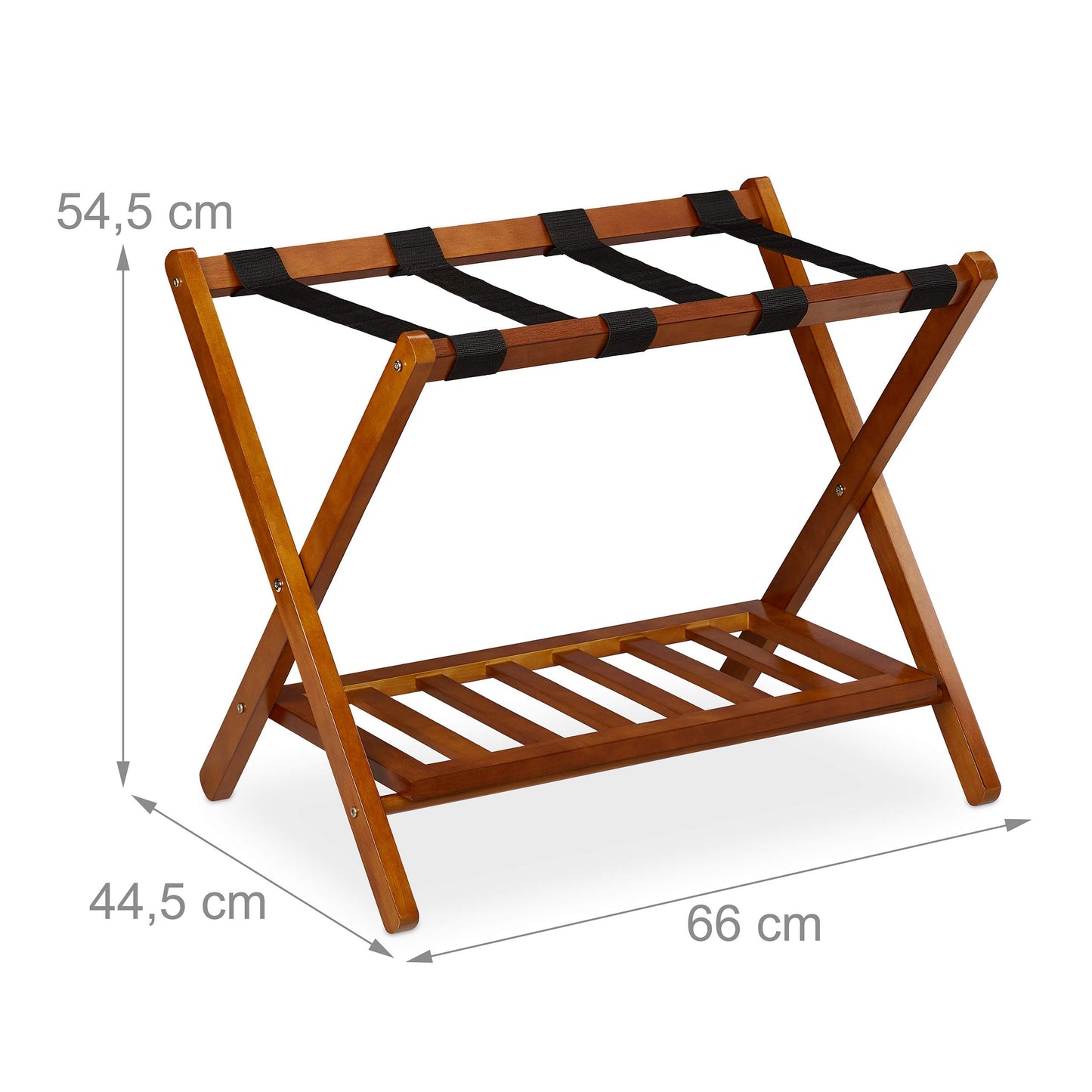Relaxdays folding luggage rack, suitcase stool wood, H x W x D 54.5 x 66 x 44.5 cm, 2 shelves, suitcase storage hotel, natural 10029975_126