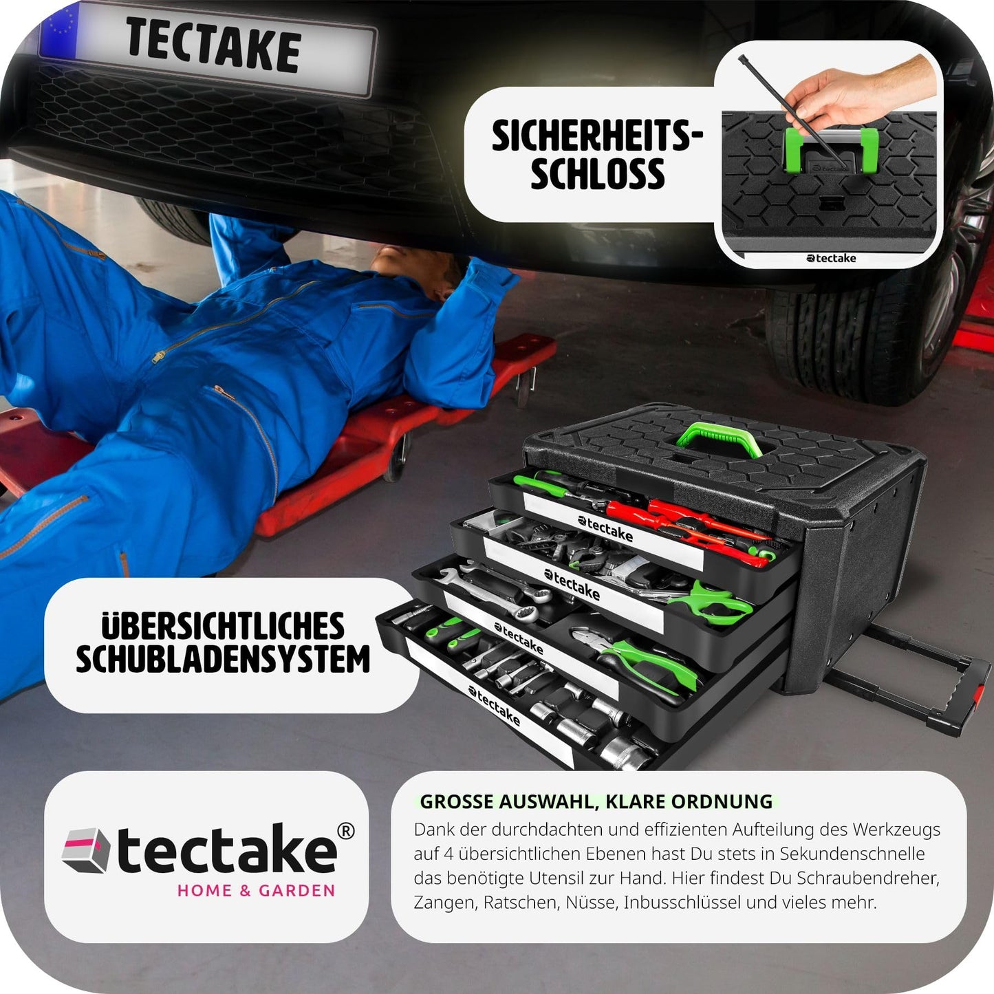 tectake® Tool Set in Aluminum Case, Tool Box filled 899 pcs., Tool Cart on wheels, Trolley with 4 drawers, Telescopic handle, Large Tool Box for professionals and household - black