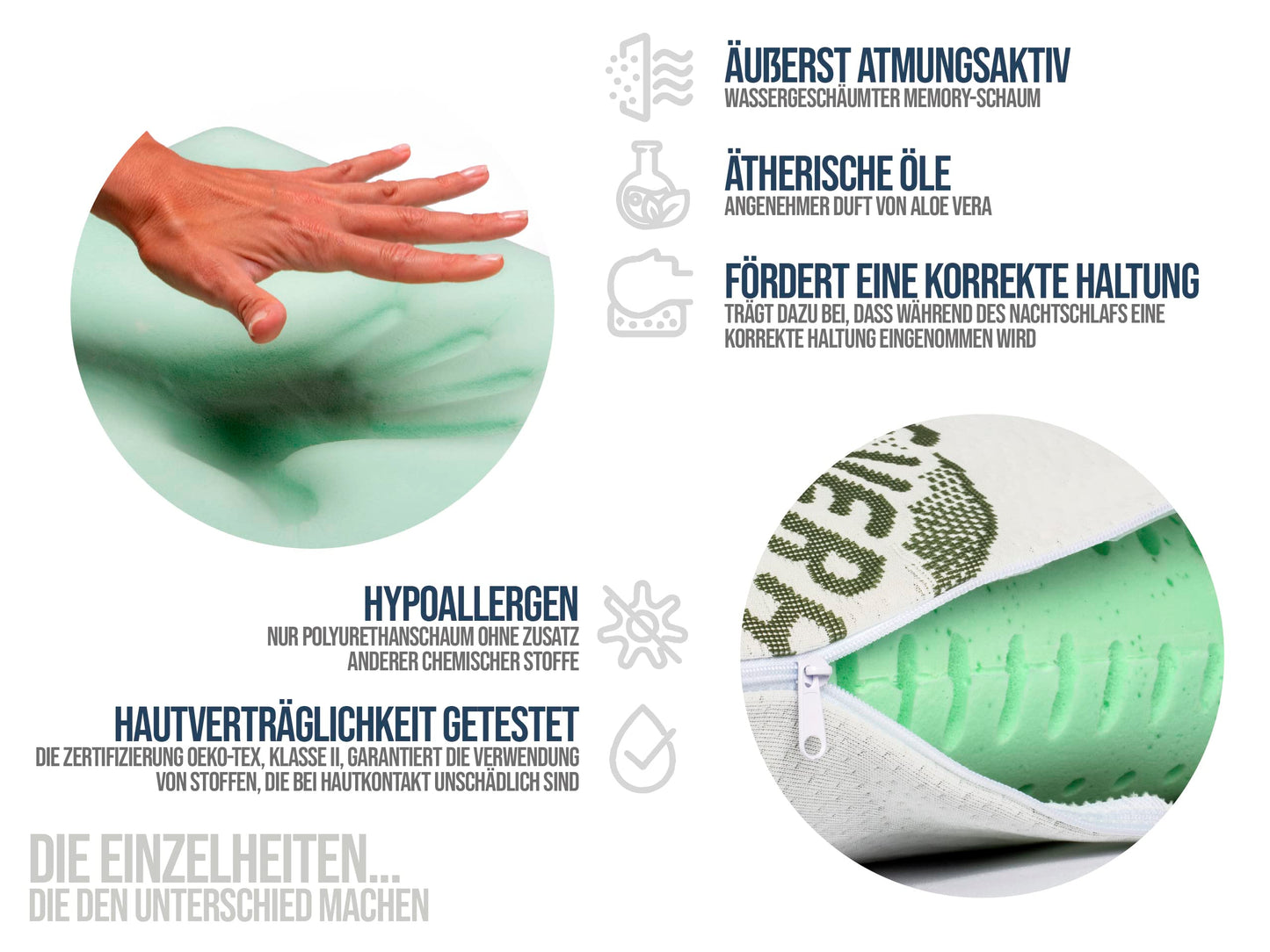 Memory Foam Pillow | 12 cm height | Side sleeper pillow, back & stomach sleeper | For adults and adolescents | Aloe Vera | Made in Italy