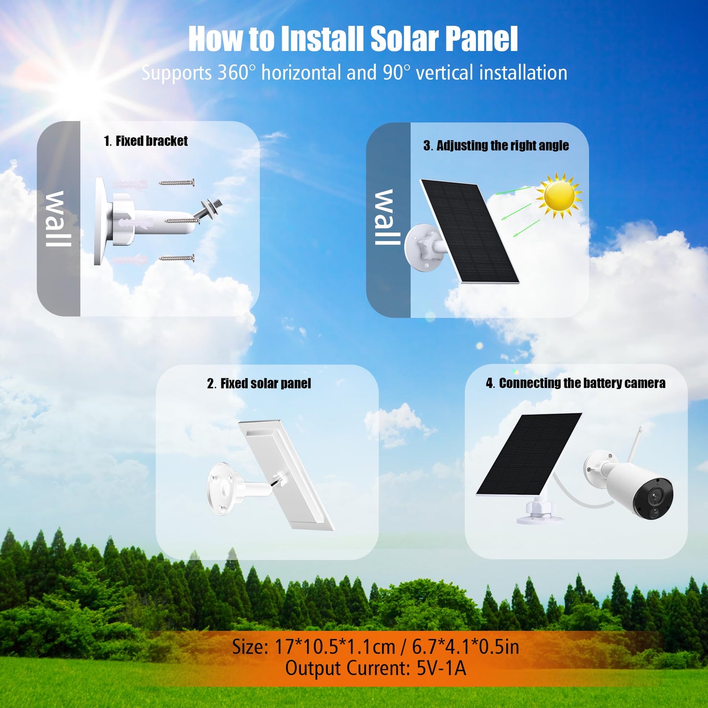 Solar panel for surveillance camera, monocrystalline solar modules for DC 5V battery camera outdoor, doorbell and outdoor lighting with USB and USB-C connection, IP65 3m cable, 360° bracket (2 pack)