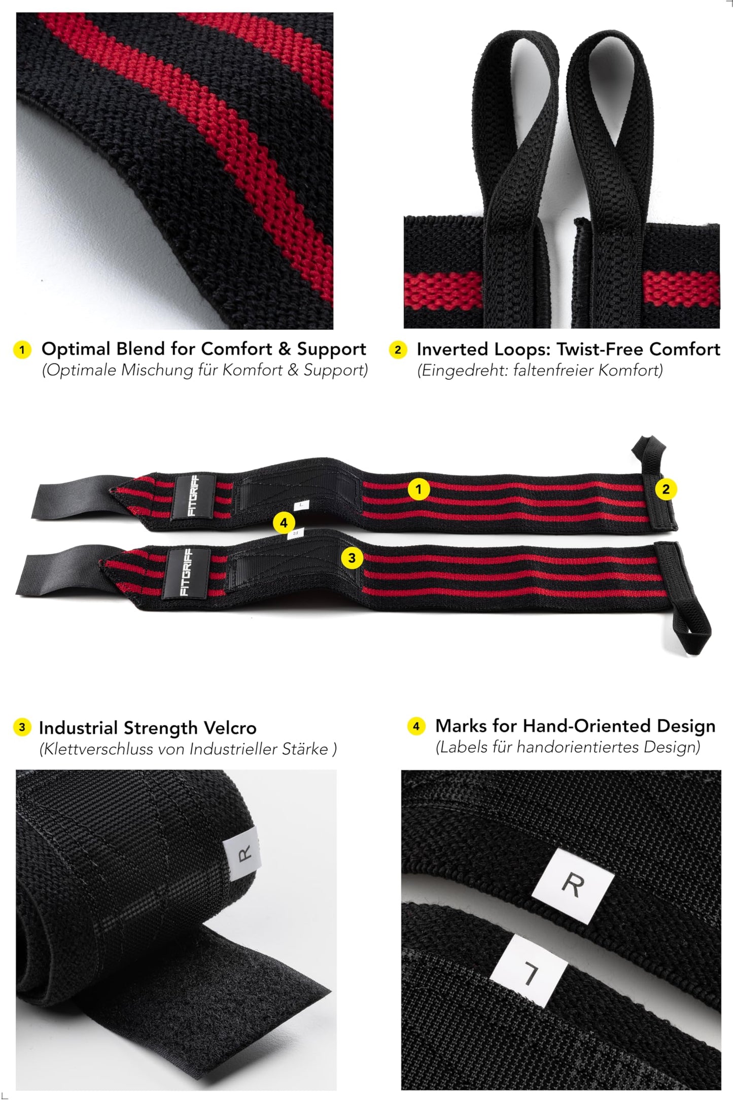 Fitgriff® wrist wraps + lifting straps (2 pack) - for strength training, fitness, bodybuilding, weightlifting, gym, powerlifting - for women and men (Black/Red)