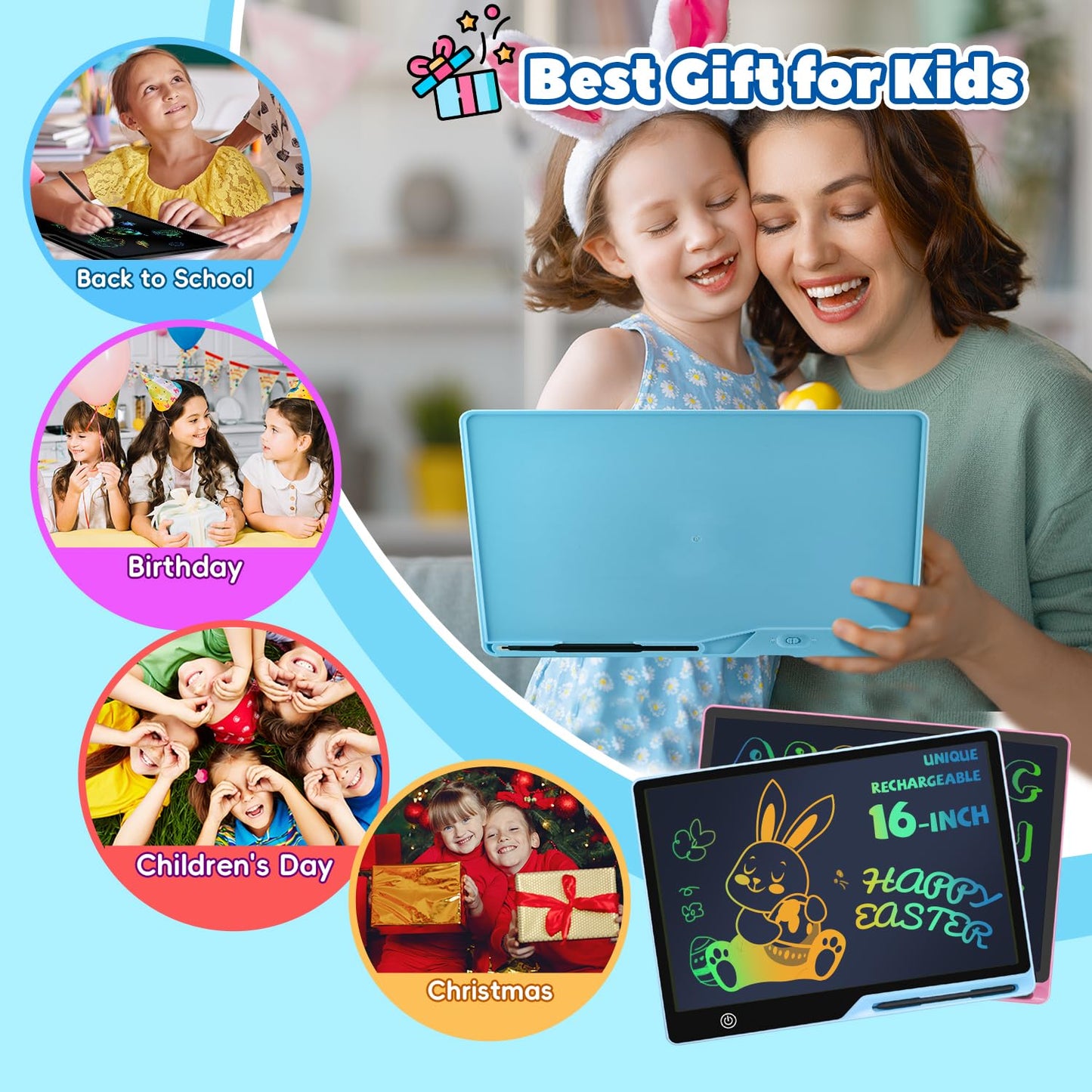Kinayue LCD Writing Tablet for Kids, Rechargeable 16 Inch Drawing Board, Preschool Learning Toy Christmas Birthday Easter Gift 3 4 5 6 7 Year Old Girls Boys