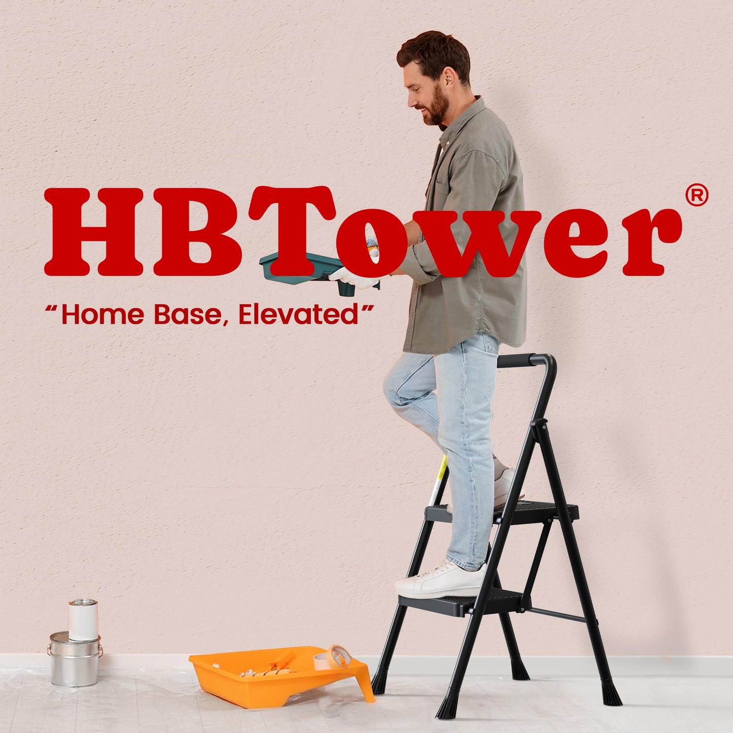 HBTower Folding Step Ladder with 2 Steps, Wide Anti-Slip Pedals, Portable up to 150 kg, Household ladder for Kitchen, Garage & DIY.
