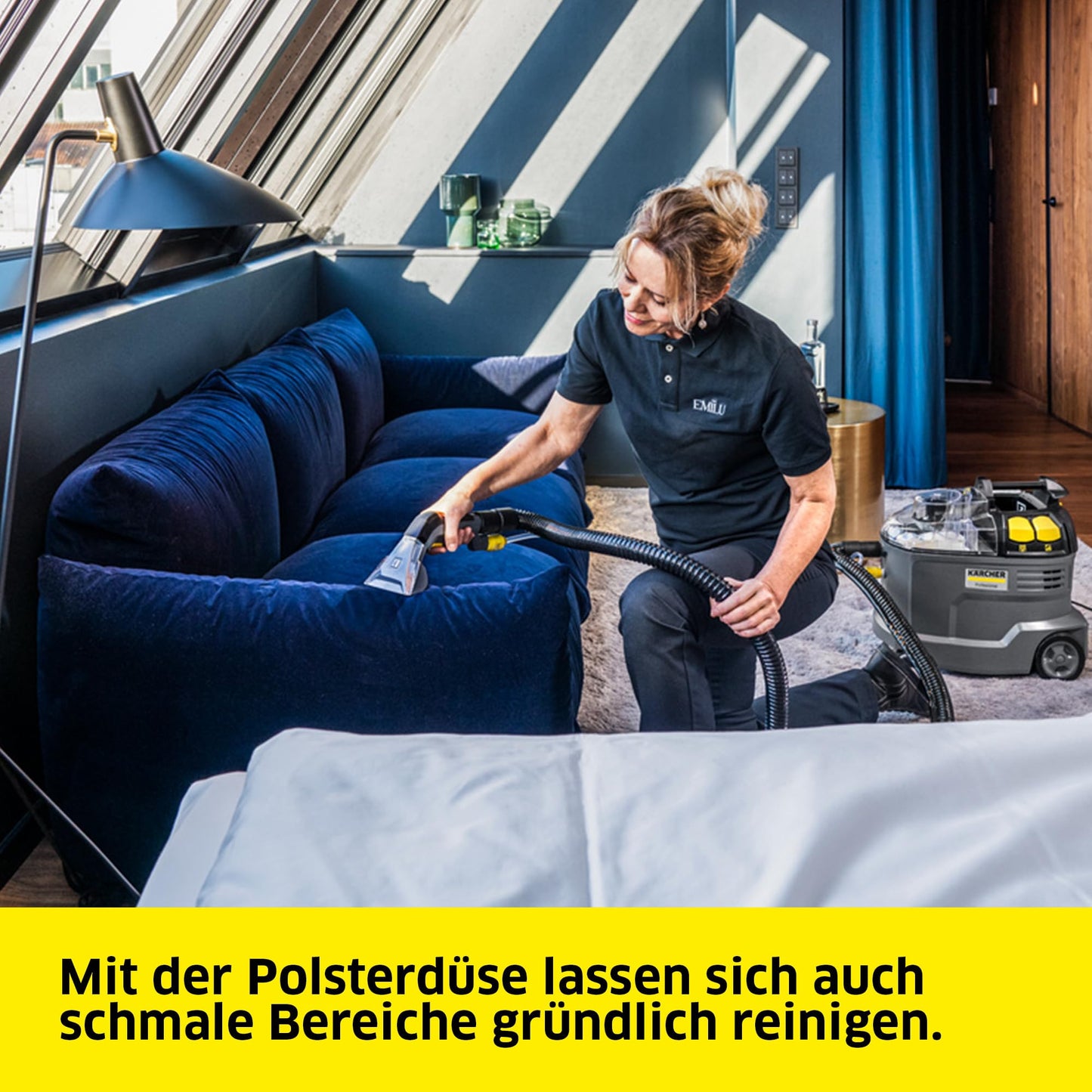 Kärcher carpet cleaner Puzzi 8/1, powerful for upholstery cleaning and spot removal on textiles, includes ergonomic short upholstery nozzle.