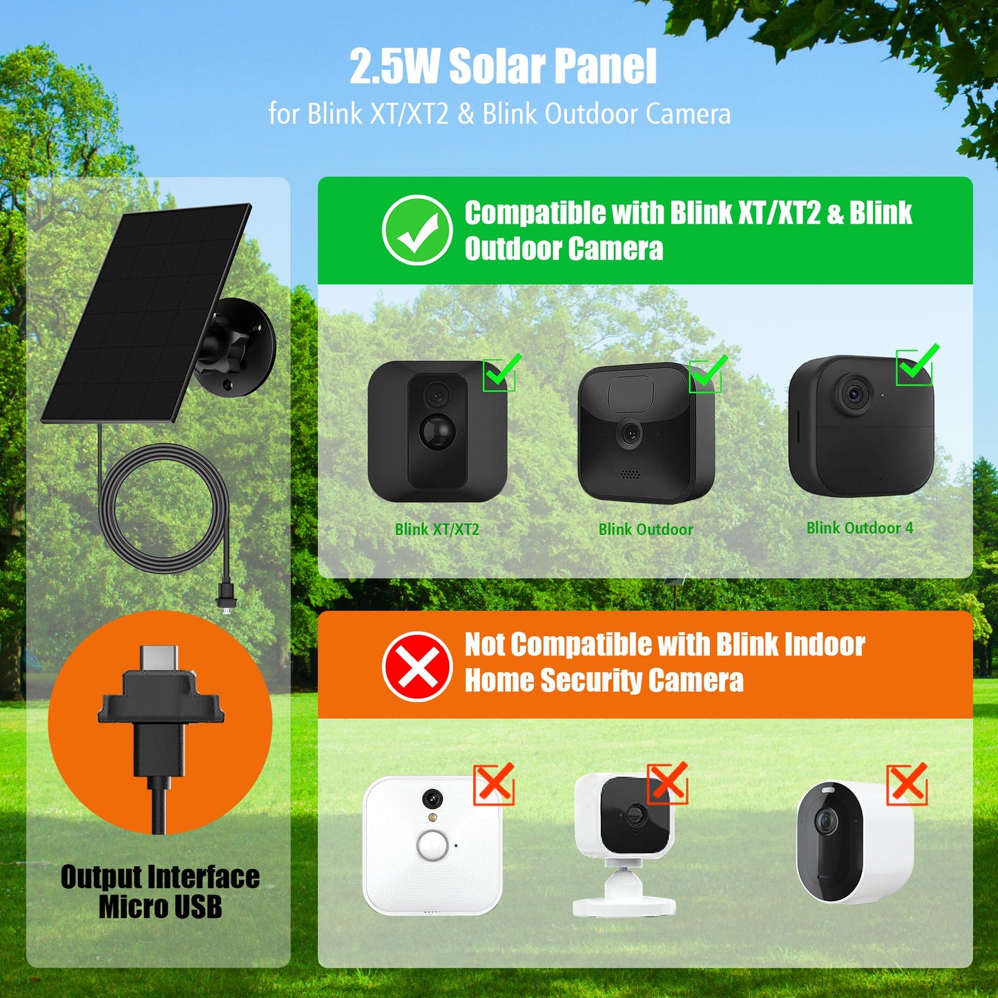Solar panel for Blink outdoor camera 4, compatible with Blink Outdoor, Blink XT/XT2, and SimpliSafe cameras (not included). IP65 Blink Outdoor (3rd Gen) with rubber plug.