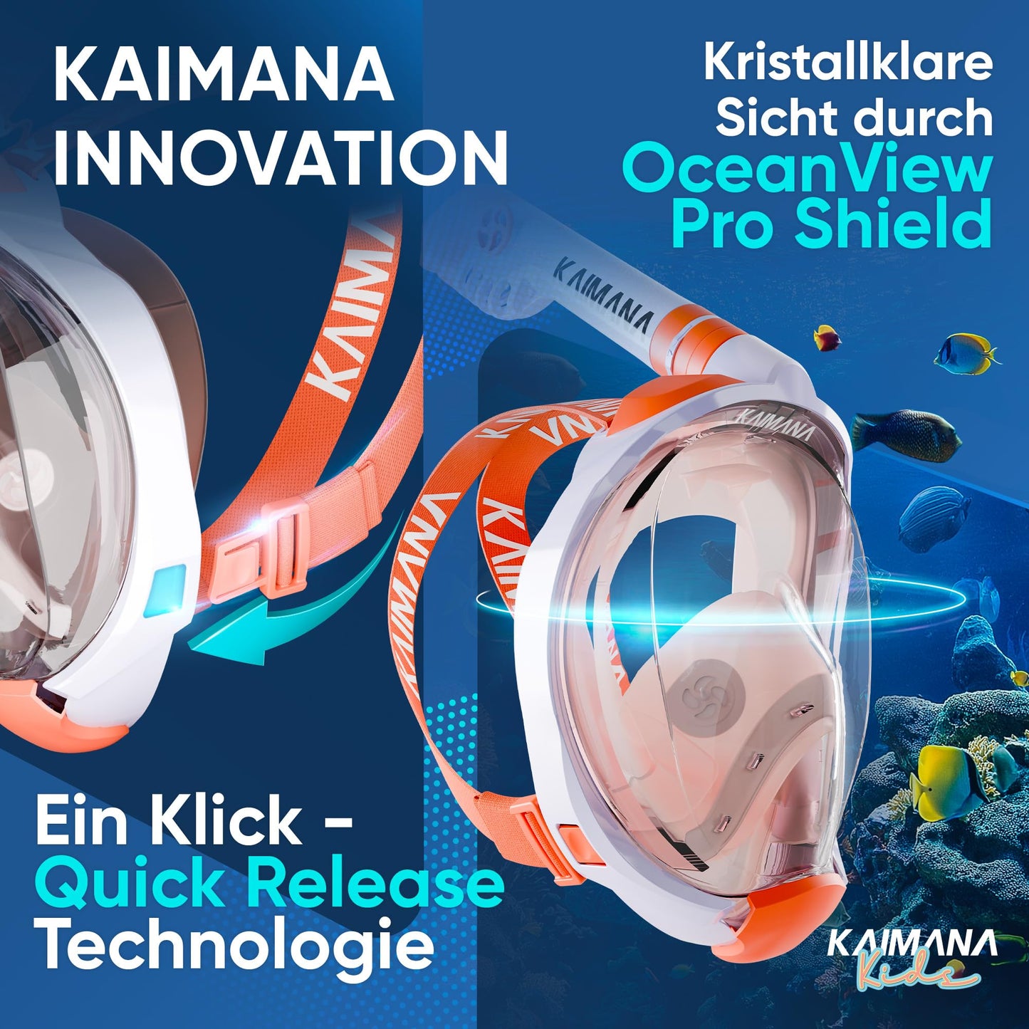 The award-winning KAIMANA® snorkel mask for children with carrying case - completely CO₂ safe diving mask for kids - diving mask - diving goggles for kids 4 years of age - snorkel mask