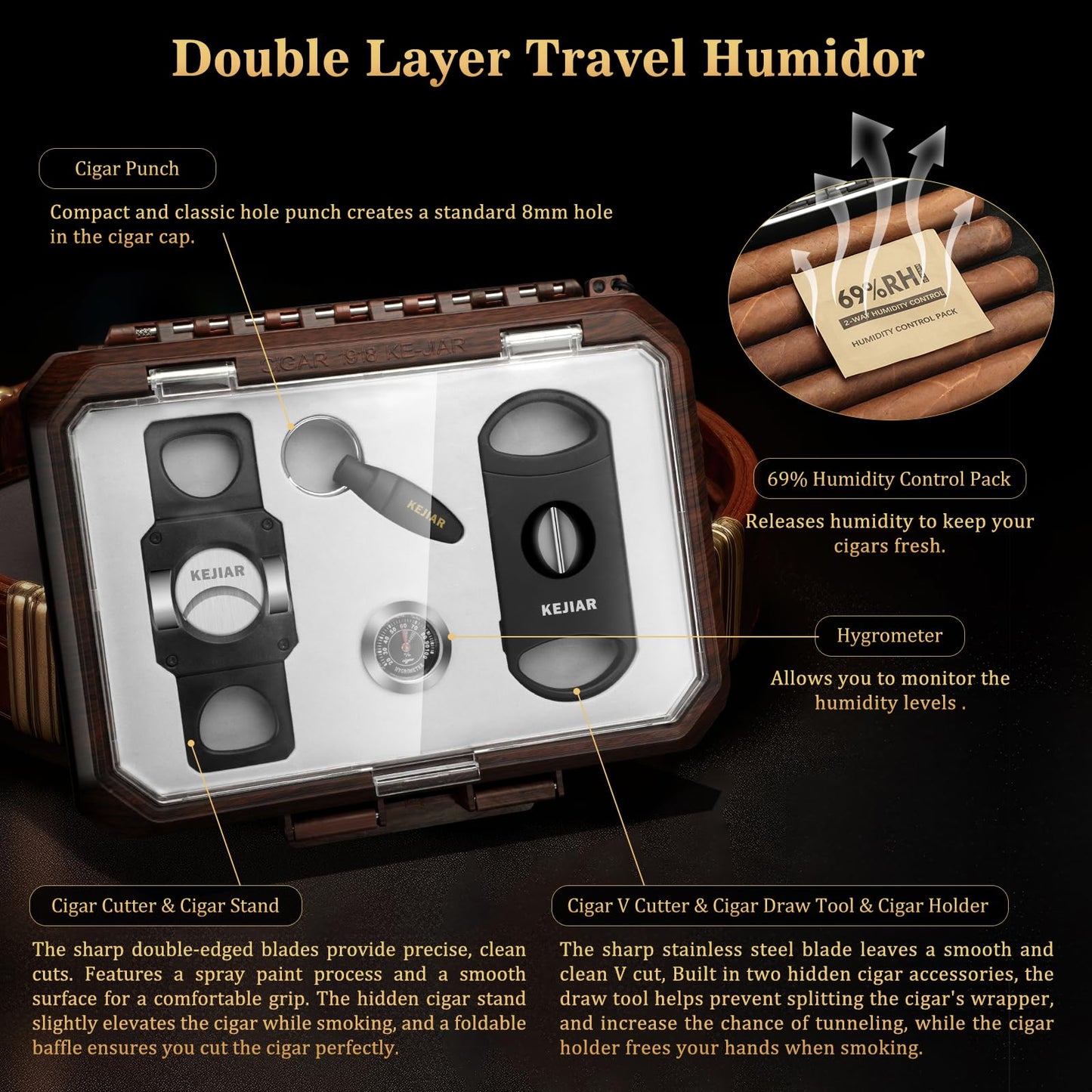 KEJIAR Cigar Humidor Set Travel Humidor for Cigars Includes 2 multifunctional cigar cutters, cigar punch, humidity pack, hygrometer, cigar box Cigar box Gifts for Men