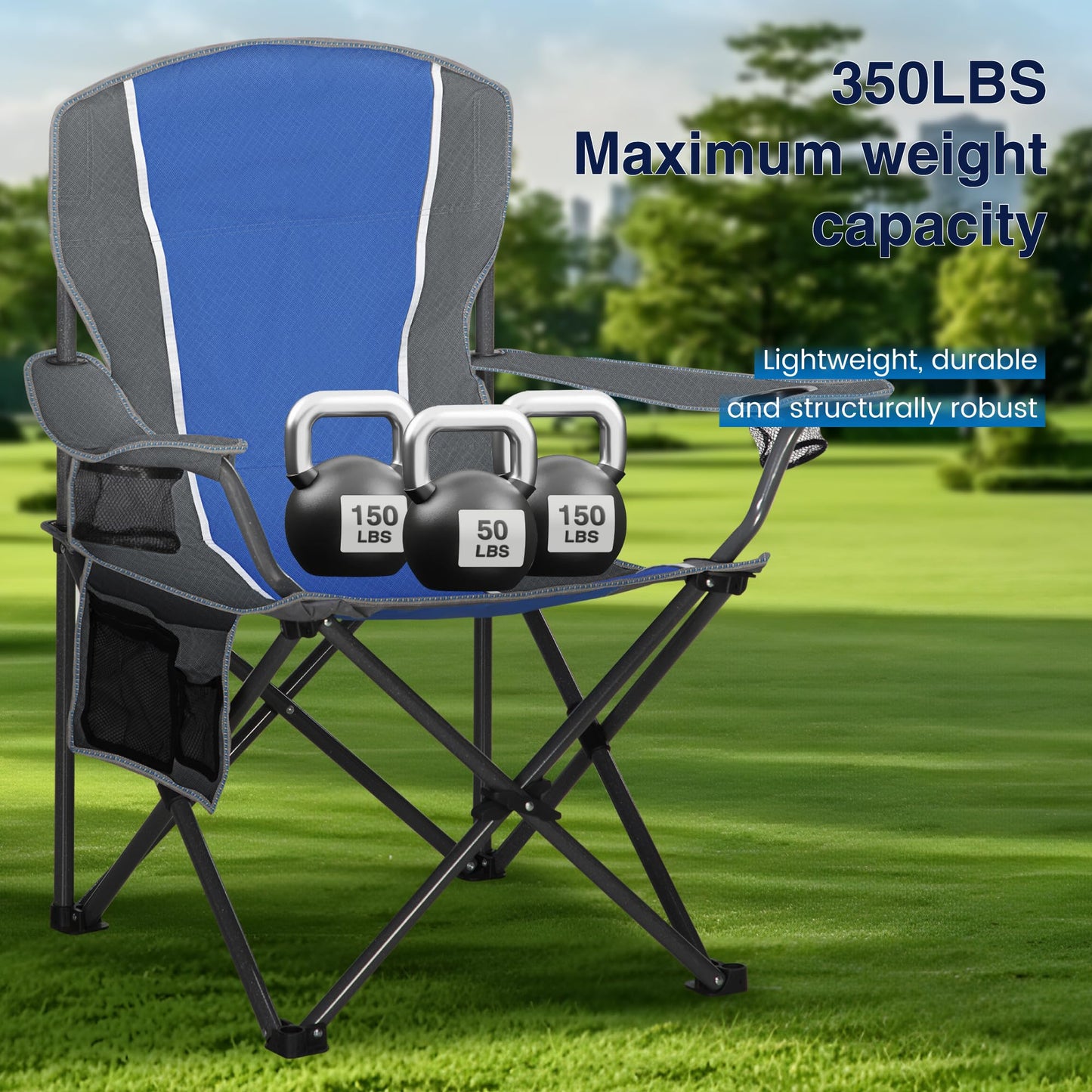 HIGH POINT SPORTS Folding Camping Chair, Fishing Chair, Foldable, Supports up to 160 kg, with Armrest, Drink Holder, Steel Frame, Portable Camp Chair, Blue.