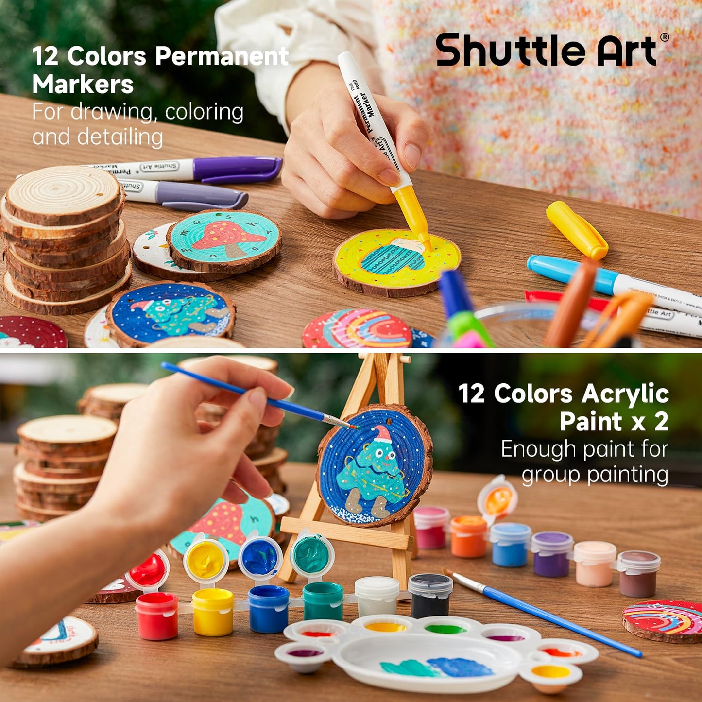 Shuttle Art Wooden Discs for Crafts, 70 Pieces 7-8cm Pre-Drilled Tree Slices with Hole, Natural Wood Slices for Painting with Acrylic Paints and Permanent Marker, Wood Circles, Suitable for Children, Christmas Decoration.