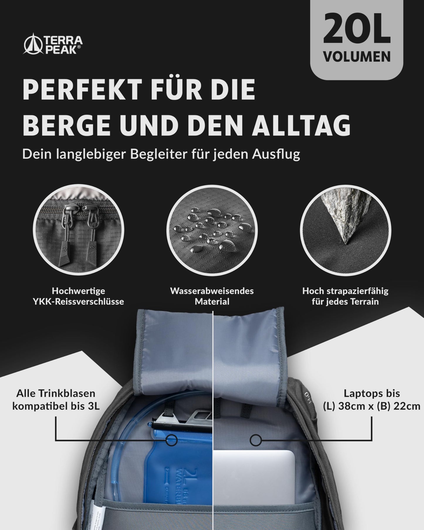 Terra Peak hiking backpack 20L Flex 20 men women gray small - outdoor backpack waterproof - backpack for hiking and camping - with integrated hydration system and laptop compartment - unisex daypack