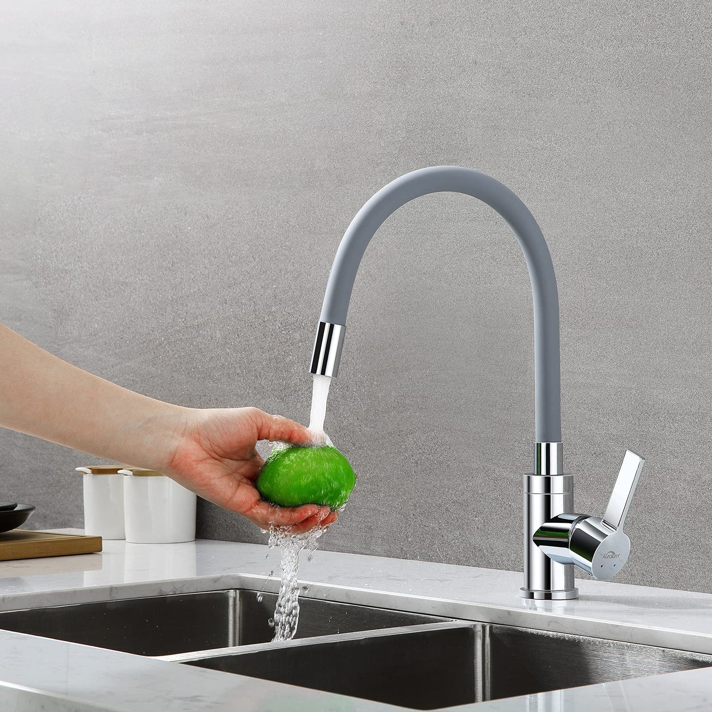 Kitchen faucet with flexible silicone hose, Auralum high-pressure kitchen tap, kitchen faucet 360° rotatable, mixer tap with flexible spout (grey)
