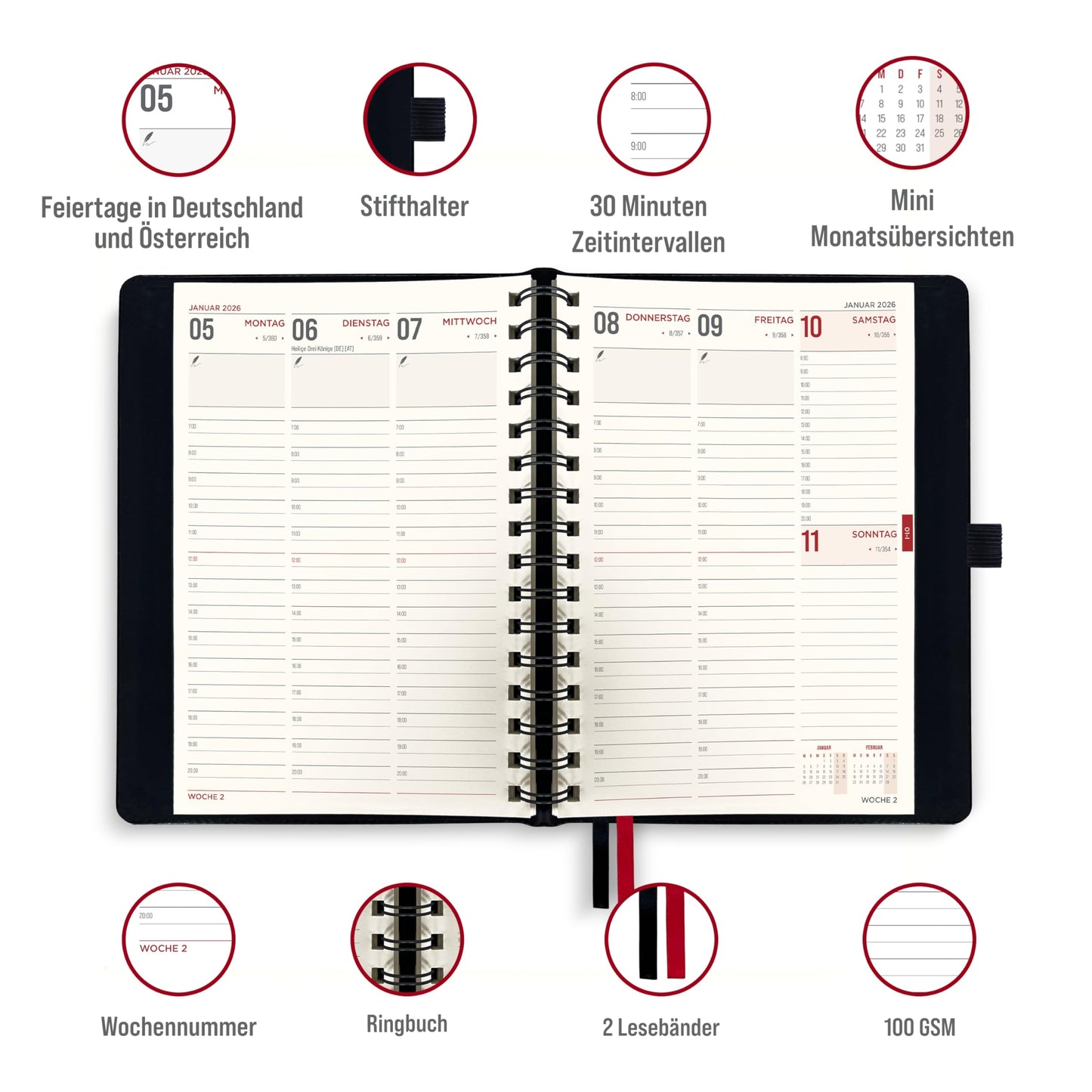 colortouch Appointment Calendar 2026 with 2500+ St Planner Sticker Set, Calendar Stickers Album for Planner, Agenda, Journal, Notebook, A5 Appointment Planner in German, 14 Months Softcover Book Calendar