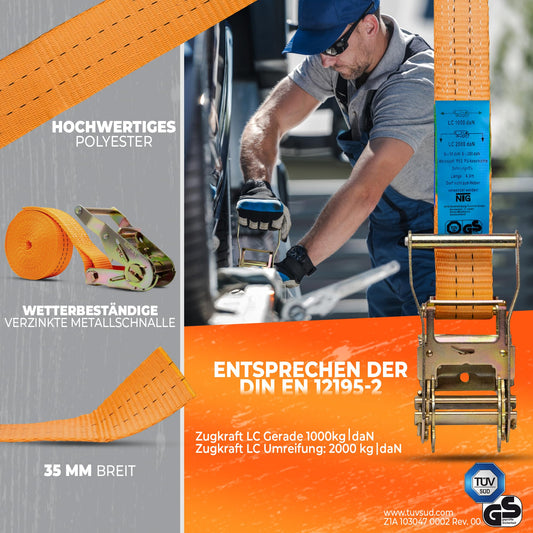 10 pieces of tie-down straps, 4m long, 2t (2000 daN, KG) - TUV/GS tested - one-piece, 35mm wide with galvanized steel ratchet - sturdy & weatherproof -