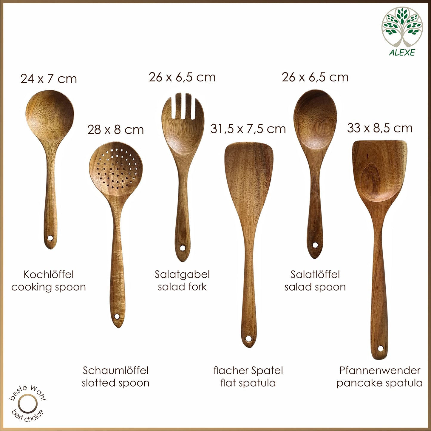 ALEXE® Kitchen Helper Set made of acacia wood, 6 pieces of wooden kitchen utensils set (acacia), Japanese style, scratch-resistant and heat-resistant, wooden cooking spoon set for non-stick pans